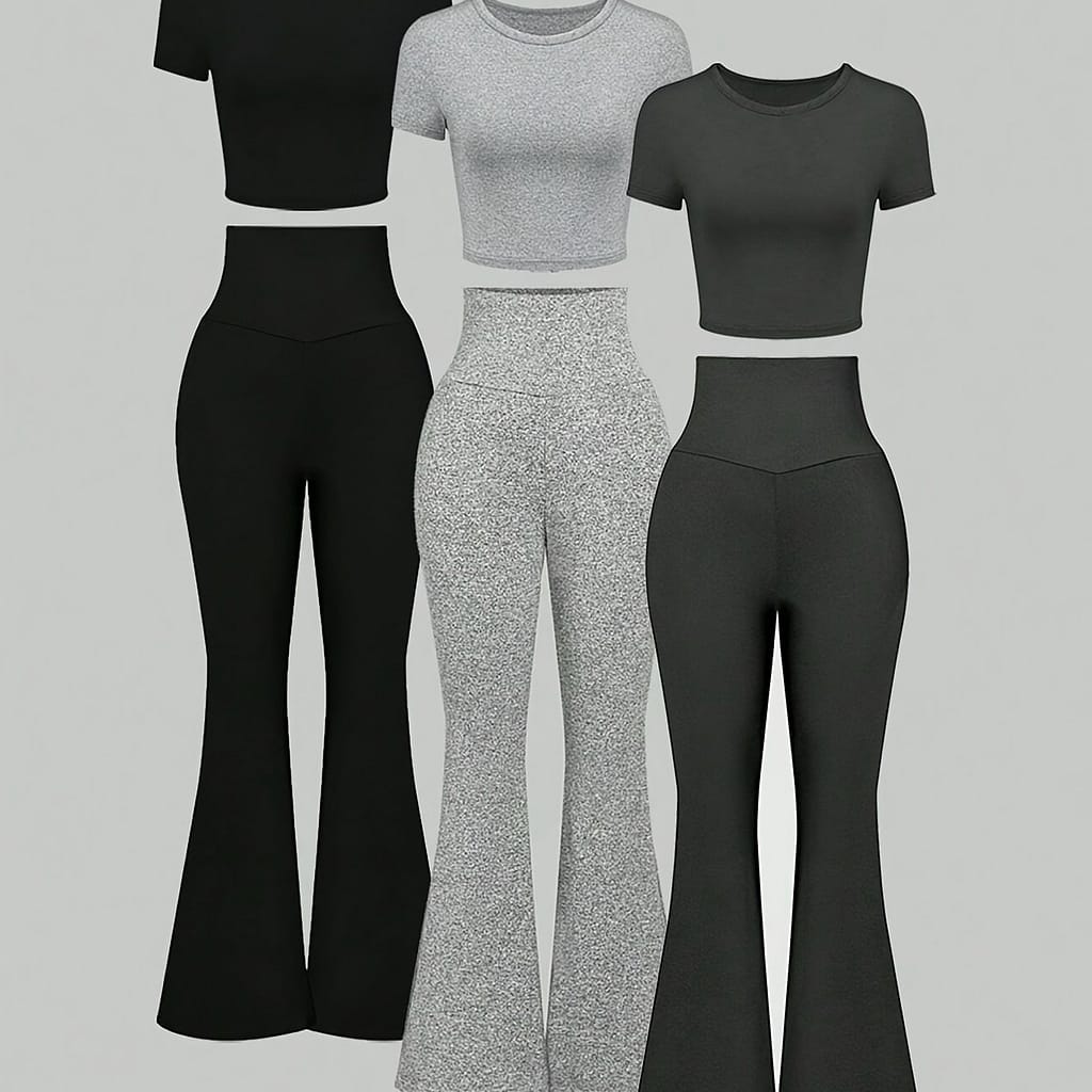 3 Pack Casual Solid Color 2 Piece Set, Crop Crew Neck Short Sleeve T-shirt & Flare Leg Pants Outfits, Women’s Clothing Clothing Shop Online at Dubai Trades 2