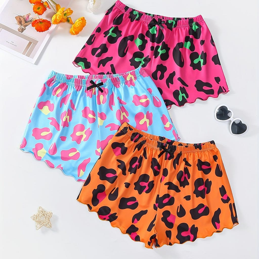 3 Pcs Leopard Print Pajama Bottoms, Casual Elastic Loose Fit Lettuce Trim Shorts, Women’s Sleepwear Bottoms Shop Online at Dubai Trades 2