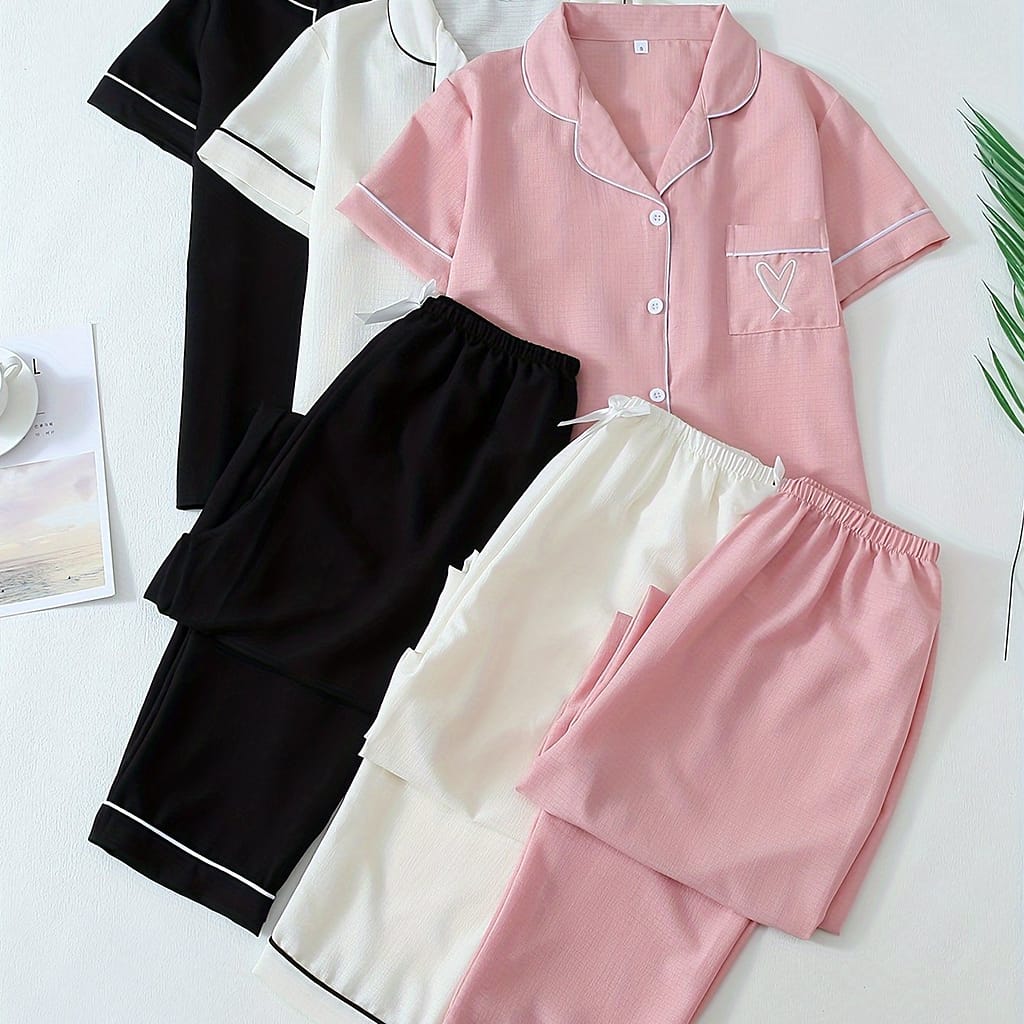 3 Sets Embroidery Texture Casual Pajama Set, Short Sleeve Buttons Lapel Top & Pants, Comfortable Relaxed Fit Clothing Shop Online at Dubai Trades 2