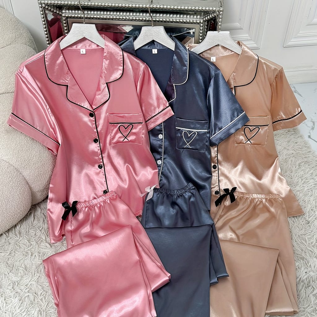 3 Sets Of Solid Color Satin Love Short And Long Pajama Sets Clothing Shop Online at Dubai Trades 2