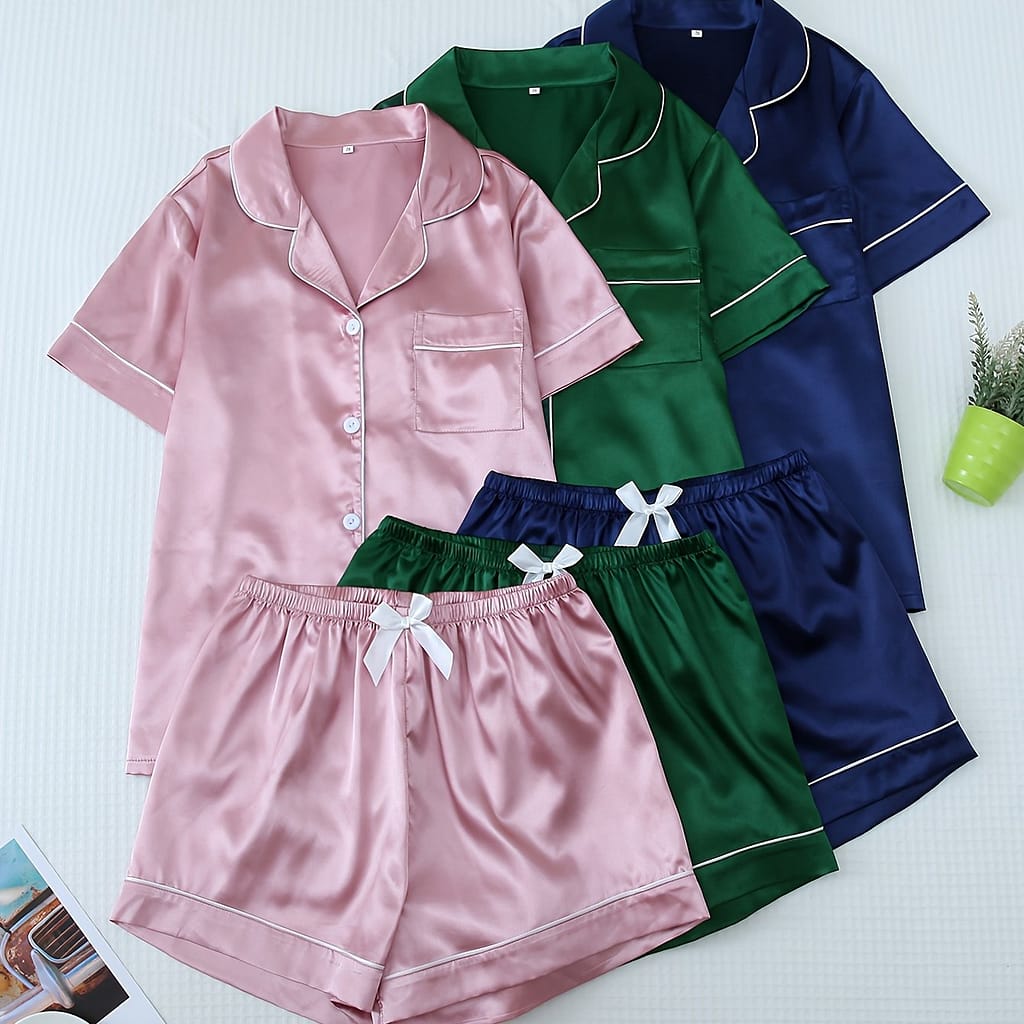 3 Sets Of Women’s Satin Pajamas With Tops, Waistband Pants, And Belts For . Clothing Shop Online at Dubai Trades 2