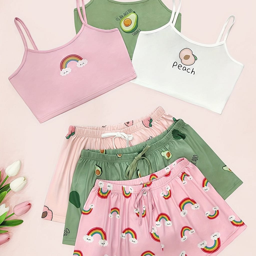3 Sets Rainbow & Fruit Print Pajama Set, Crew Neck Cami Top & Waistband Shorts, Women’s Sleepwear & Loungewear Clothing Shop Online at Dubai Trades 2