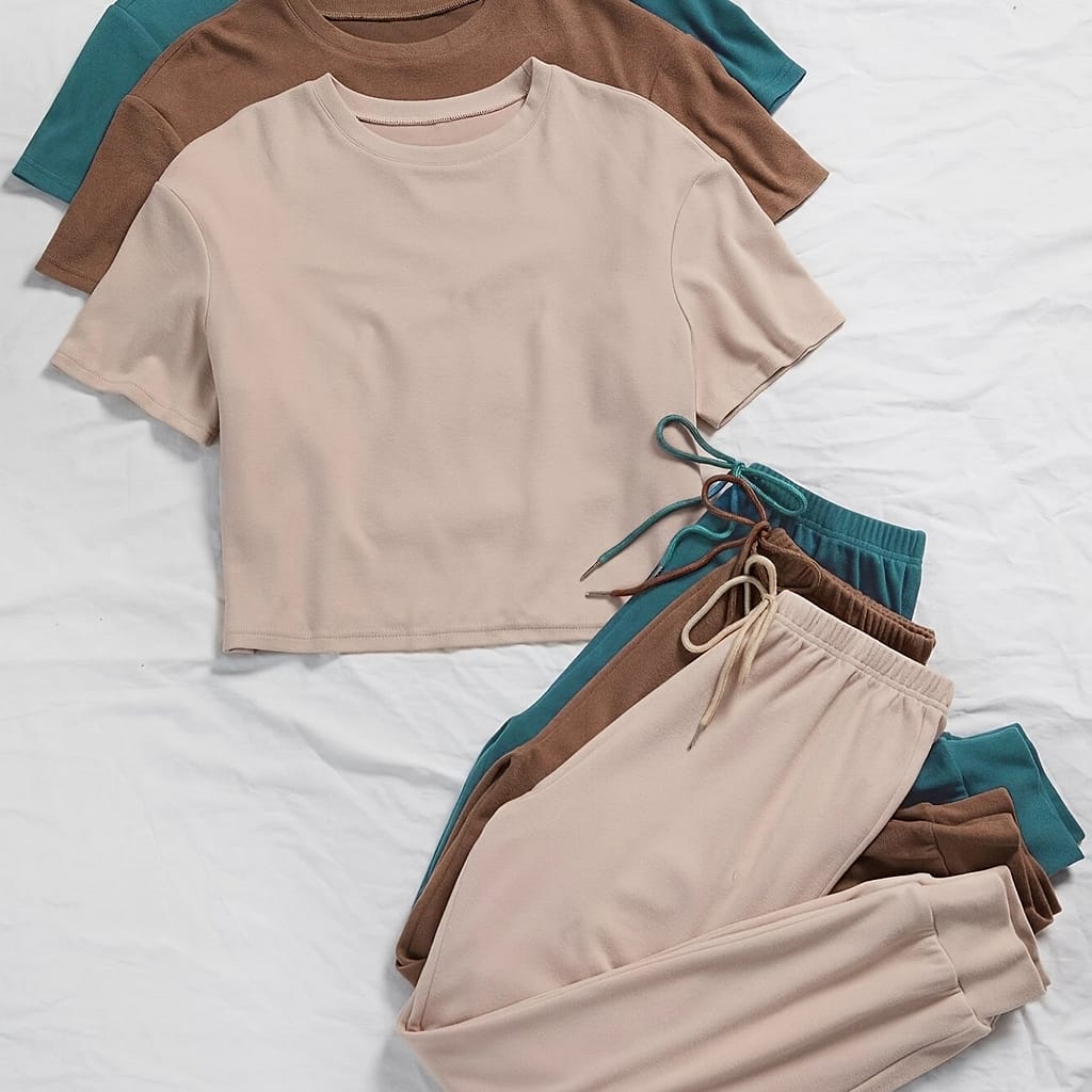 3 Sets Women’ Color Lounge Set, Comfortable Tee & Tie Front Pants, Relaxed Fit Casual Wear, Multiple Colors Available Active Shop Online at Dubai Trades 2