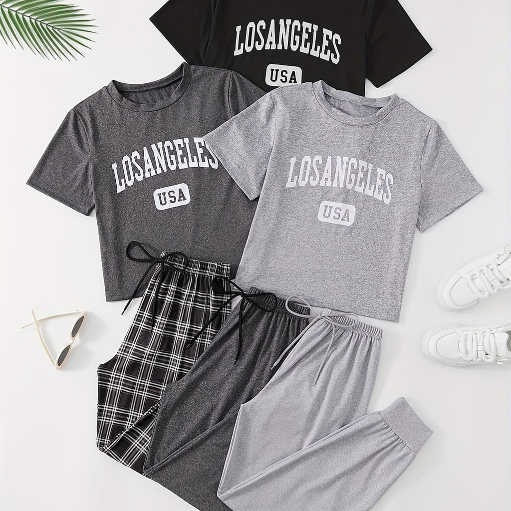 3 Sets Women’s Letter Print Set, Short Sleeve Round Neck Top & Drawstring Joggers, Comfortable Relaxed Fit Clothing Shop Online at Dubai Trades 2