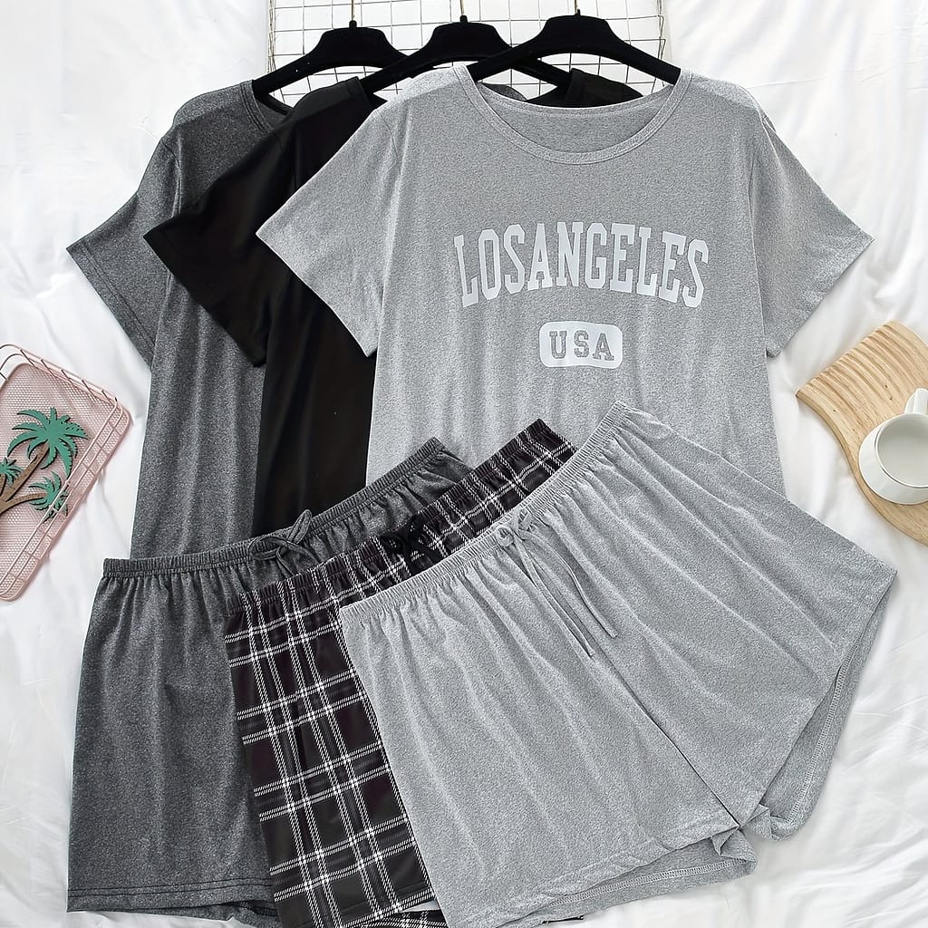 3 Sets Women’s Plus Casual Pajamas Set, Plus Size Letter & Plaid Print Short Sleeve Top & Shorts Lounge 6 Piece Set Clothing, Shoes & Jewelry Shop Online at Dubai Trades 2