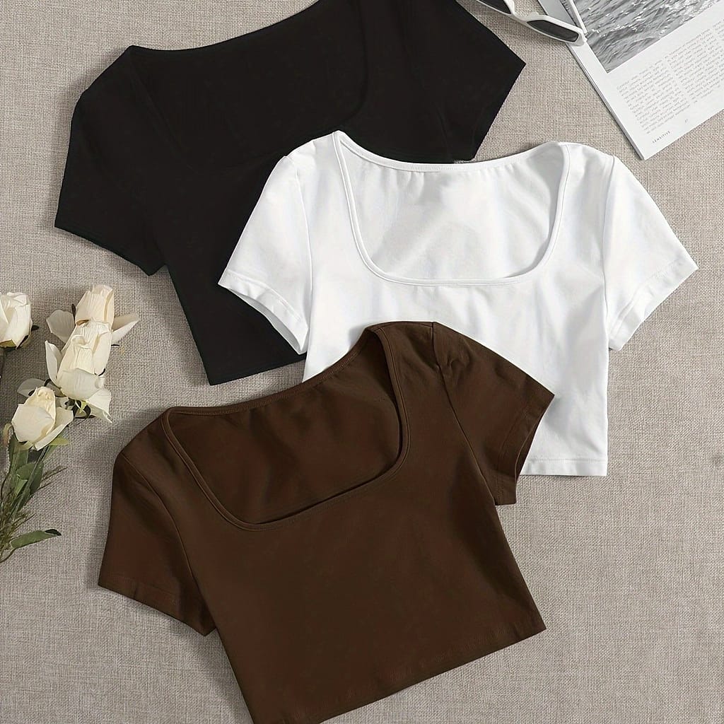 3-pack Y2k Basic Slim-fit Crop Tops, Short Sleeve Square Neck Solid Color T-shirts, Casual Wear, Sporty Chic Women’ Active Shop Online at Dubai Trades 2