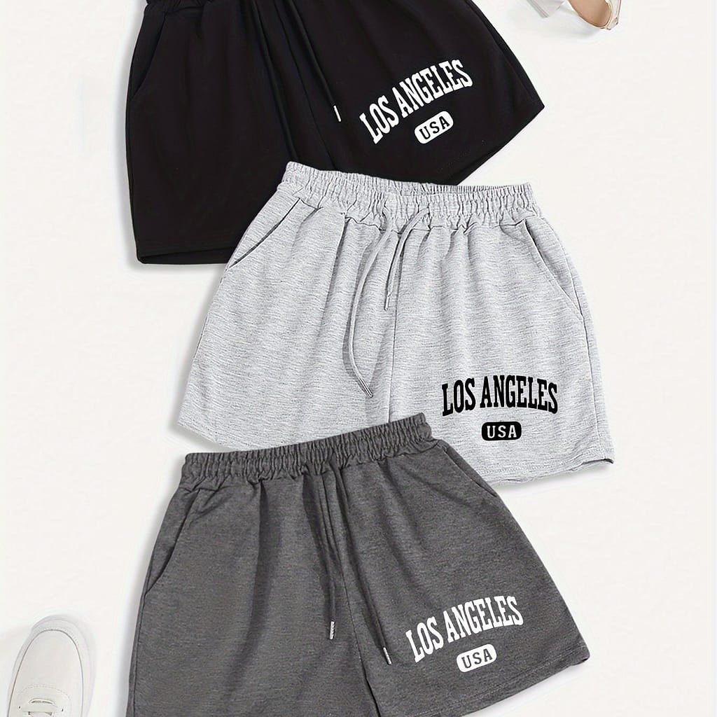 3-pack Y2k Style Women’s Casual Drawstring Shorts, 100% Polyester Knit Fabric, Solid Color, Loose Fit With Pockets, Slight Stretch, Summer Wear, 185g/m² – Los Angeles Usa Print Clothing Shop Online at Dubai Trades 2