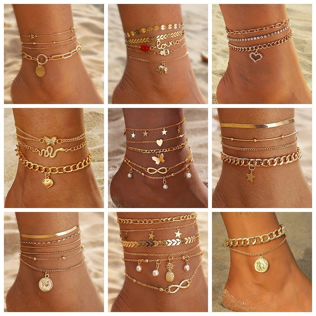 38pcs Bohemian Retro Anklets, Mixed Layered Chain With Star And Heart Pendants, Vintage Cuban Link Beach Vacation Jewelry, Multi-layered Stackable Foot Chains For Women Anklets Shop Online at Dubai Trades 2