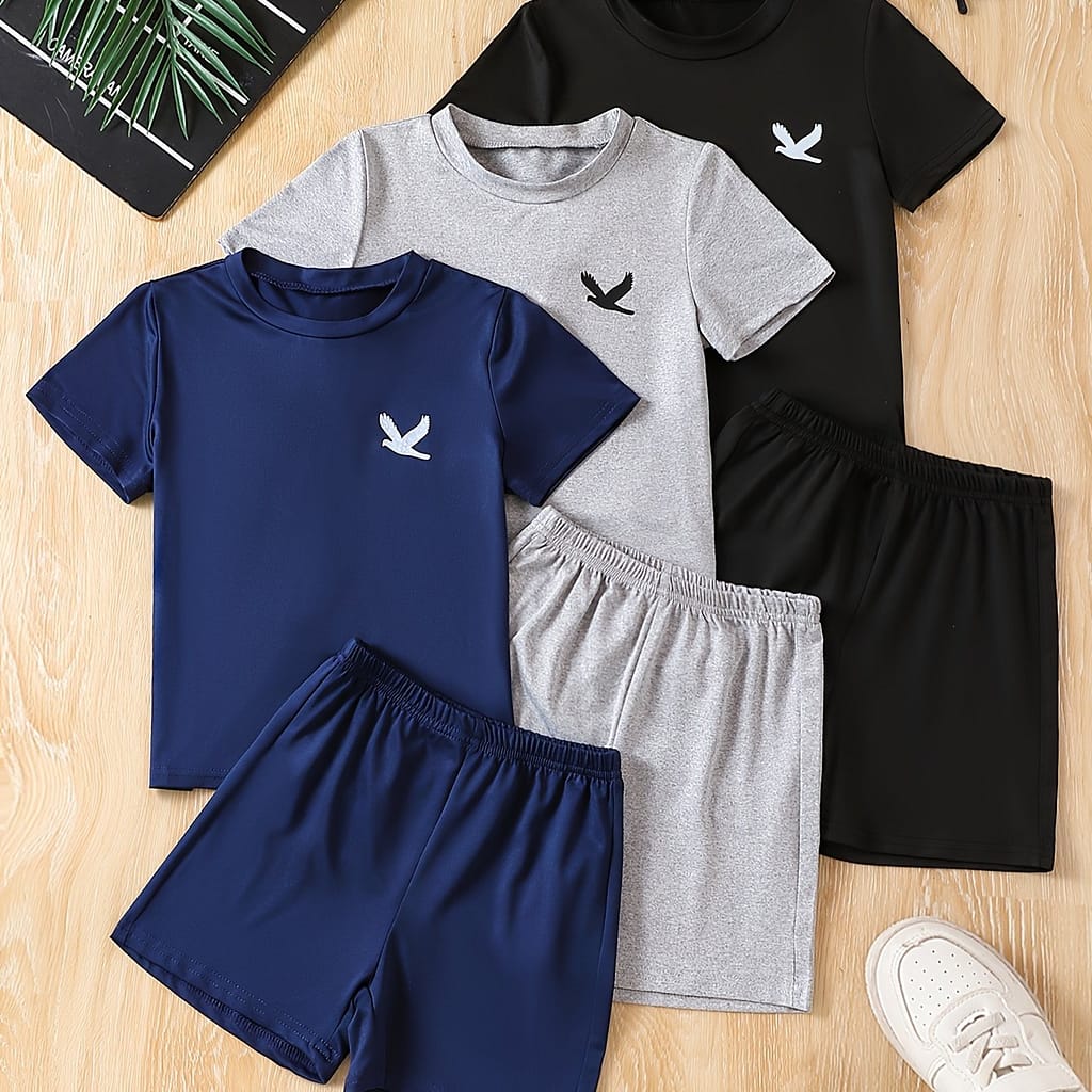 3pcs Boys Casual Eagle Short Sleeve T-shirt & Shorts Set, Comfy Summer Kids Clothes For Daily & Outdoor Wear Boys Shop Online at Dubai Trades 2