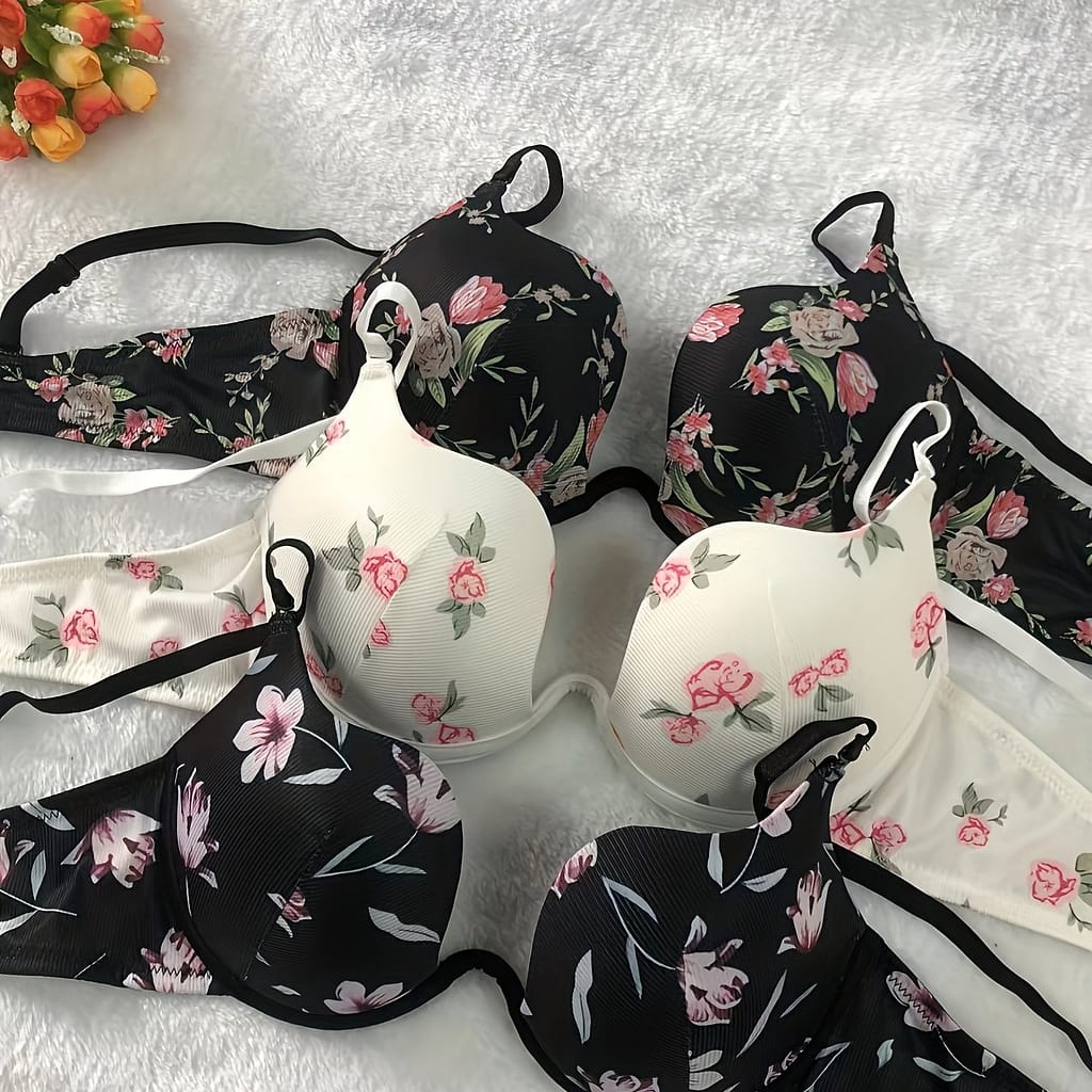 3pcs Bras, Polyester And Elastane , Knit Fabric, Scoop, Floral Pattern, With Non-removable Padding, Underwire For Adults Bras Shop Online at Dubai Trades 2