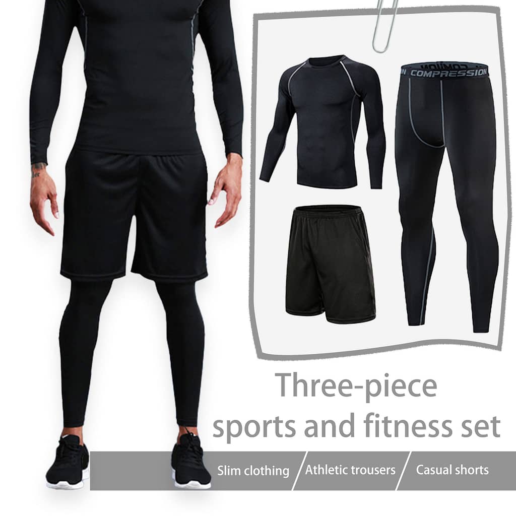 3pcs Men’ Fitness Set, Long Sleeve Shirts & Pants & Shorts, Quick-drying Stretchy Basketball Training Set Clothing Shop Online at Dubai Trades 2