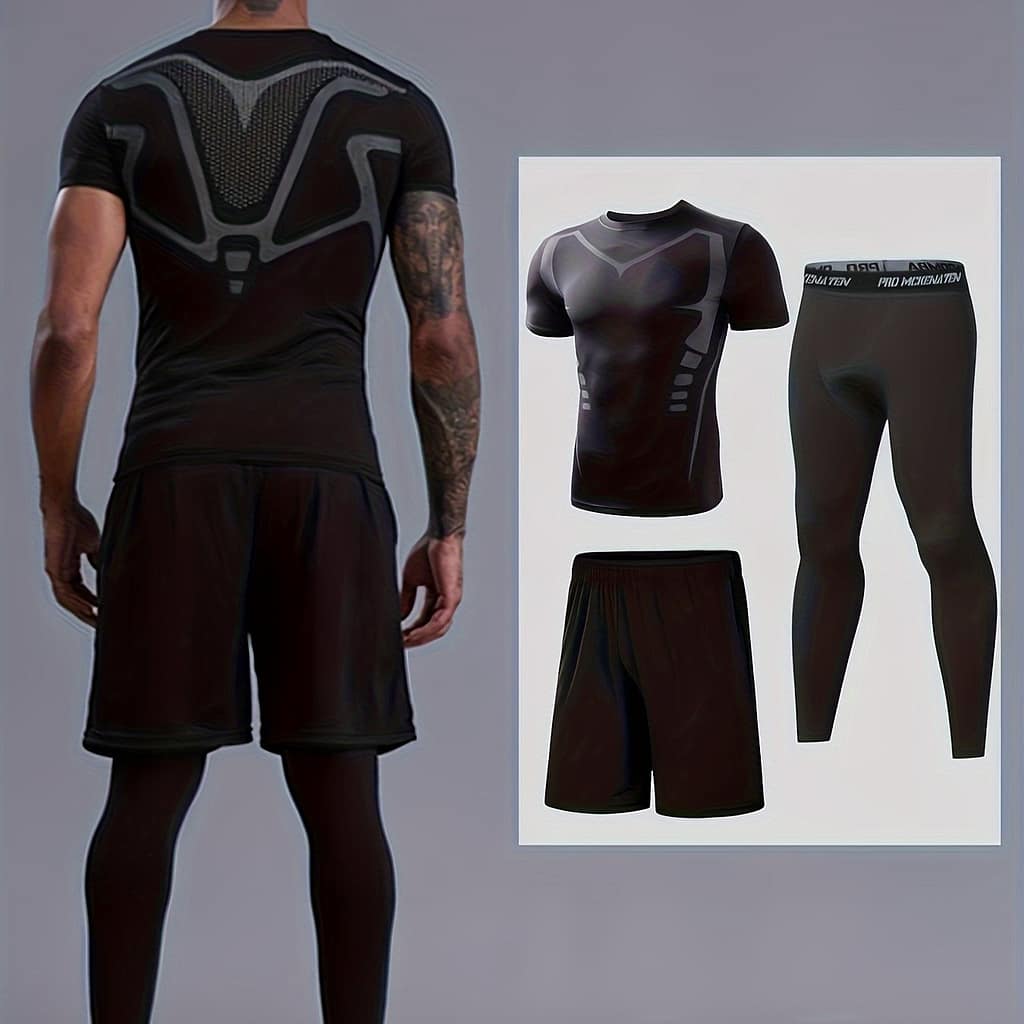 3pcs Men’s Base Layer Sets, Short Sleeve Round Neck Tops Shirts & Bottom Pants & Shorts, Sports Fitness Workout Body Shaper Suit, Sports Suits Clothing Shop Online at Dubai Trades 2