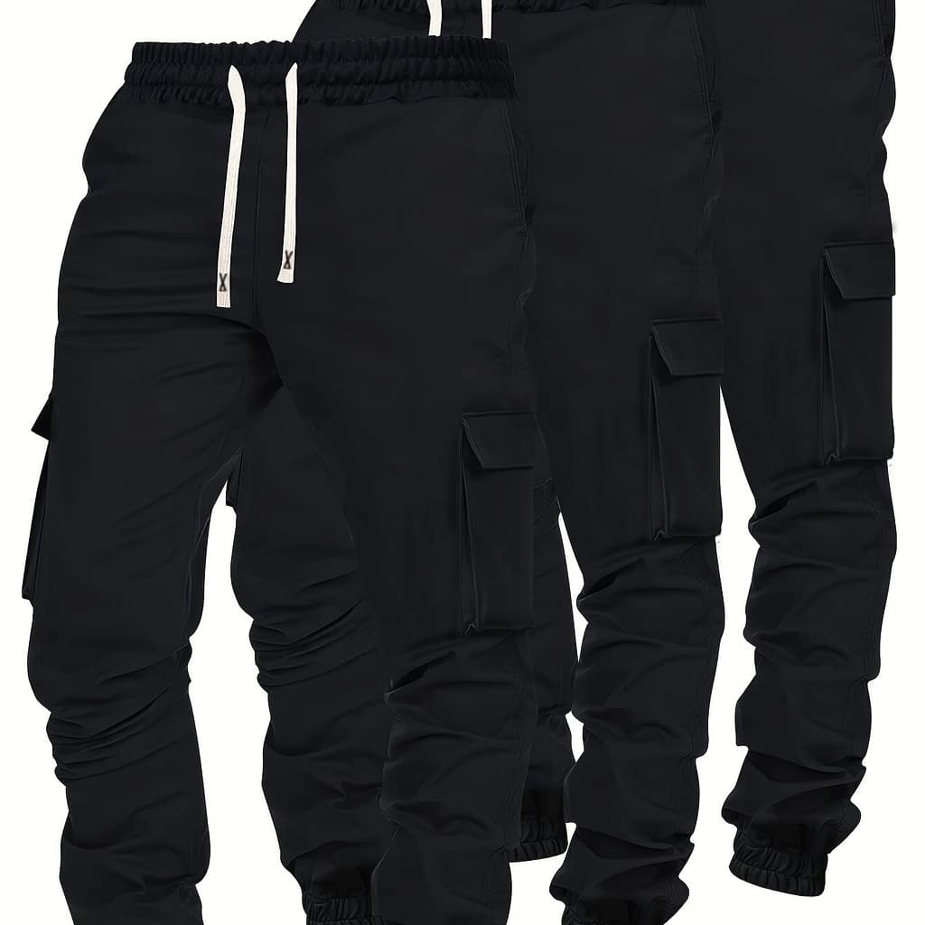 3pcs Men’s Cargo Pants – Fall/winter, Multi-, Solid Color With Elastic Drawstring Waist, Comfortable Polyester, Casual Jogger Sport Trousers In Black, Olive Green, Beige Clothing Shop Online at Dubai Trades 2