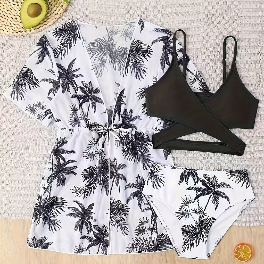 3pcs Print Women’s Bikini Set With V-neck Cover-up – Elegant High-stretch Polyester/elastane Swimsuit, Machine Washable, Includes Crisscross Bra & High-waisted Shorts Bikinis Shop Online at Dubai Trades 2