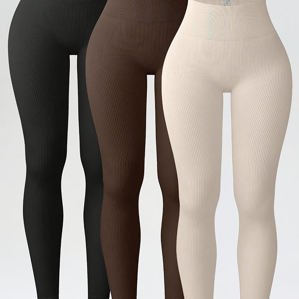 3pcs Set Of Plaid Solid Color Yoga Leggings, Seamless Butt-lifting Wide Waistband Sports Tights, Women’s Sportswear Clothing Shop Online at Dubai Trades 2