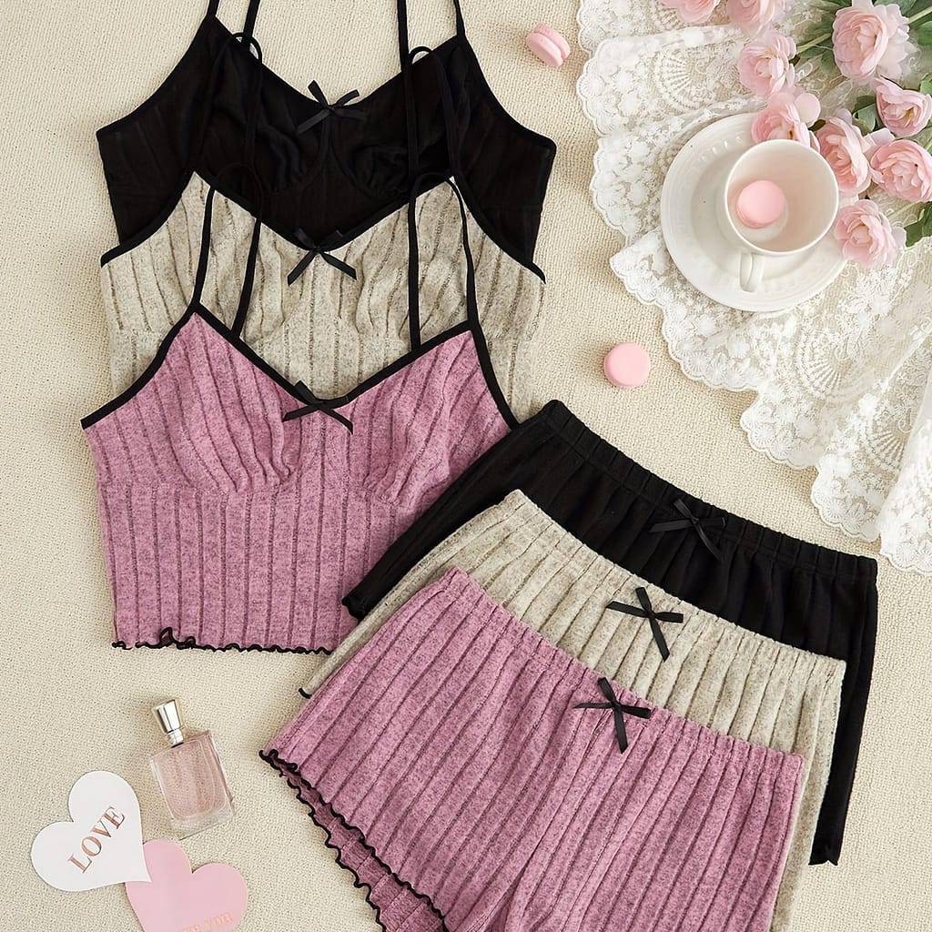 3pcs Set Of Women’s Sleepwear Including Pajamas, Shorts, And A Tank Top Made From Soft, Skin-friendly Fabric For Comfortable And Casual . Clothing Shop Online at Dubai Trades 2