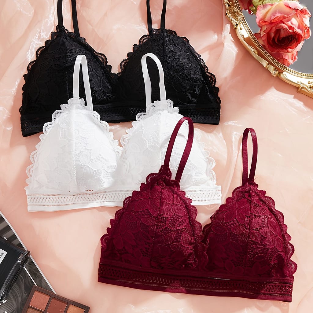 3pcs Simple Solid Floral Lace Bra, Comfy & Breathable Triangle Cup Bra, Women’s Lingerie & Underwear Bras Shop Online at Dubai Trades 2