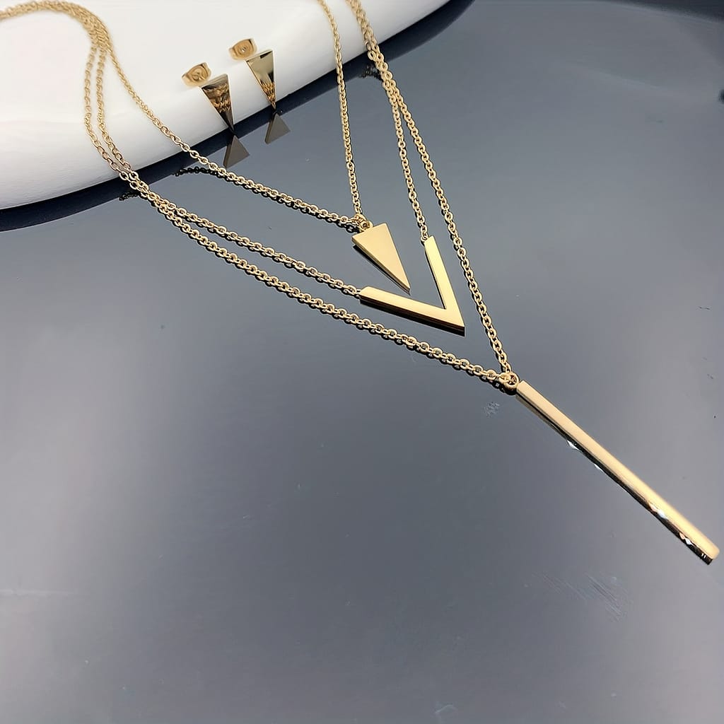 3pcs Stainless Steel Long Strip V-shaped Geometric Pendant, Necklace, Triangle Earrings, Birthday Holiday Gift, Clothing Decoration, Party Accessories Clothing, Shoes & Jewelry Shop Online at Dubai Trades 2
