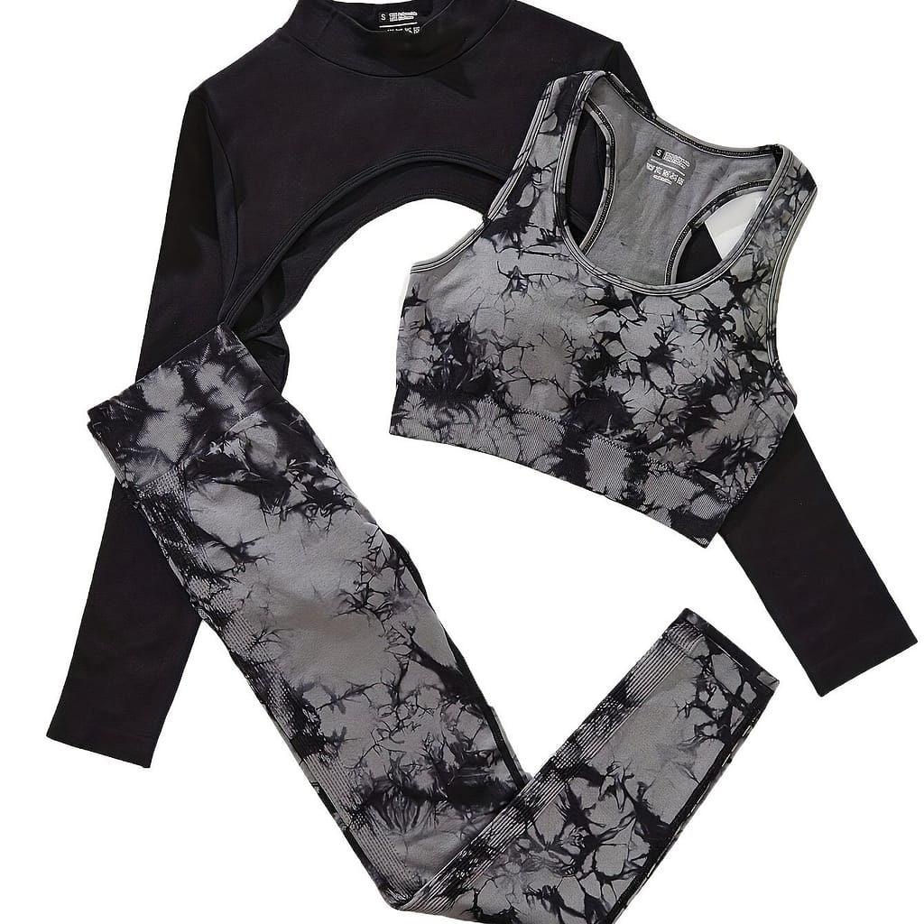 3pcs Tie-dye Yoga Set For Women – High-stretch Nylon Activewear With Racerback Sports Bra, Long Sleeve Thumb Hole Crop Top & Leggings – Machine Washable, Clothing Shop Online at Dubai Trades 2