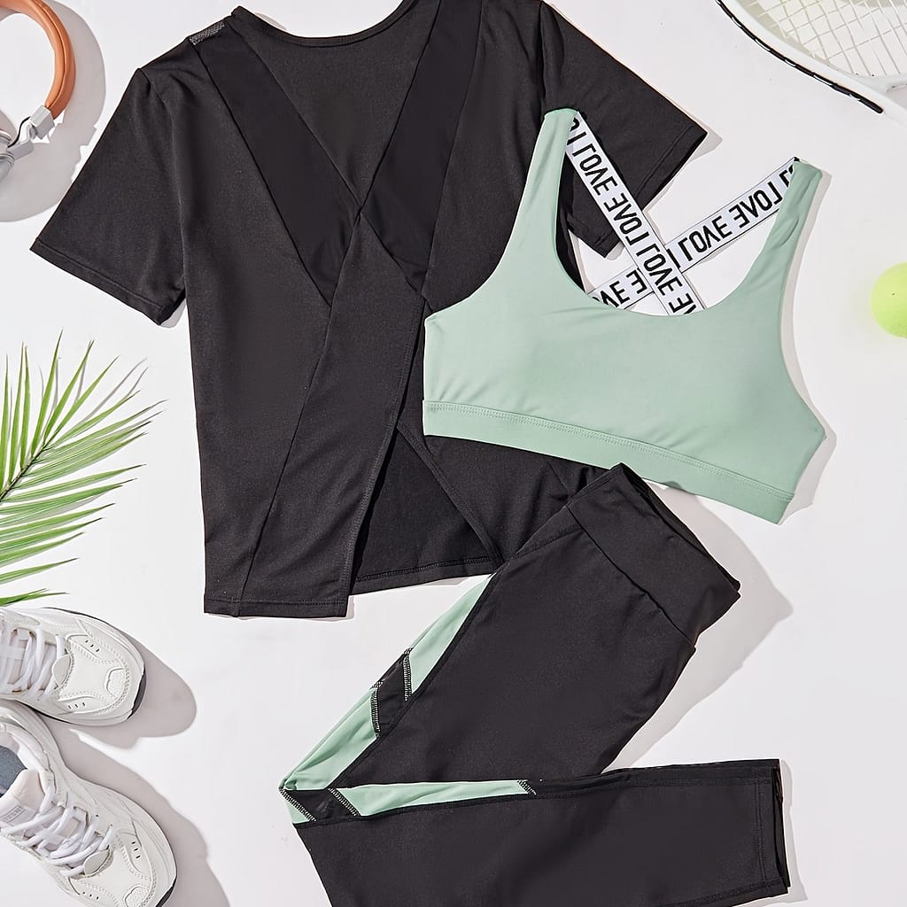 3pcs Women’s Yoga Set In Black & Purple – High-stretch, Sleeveless Sports Bra With Crisscross Straps, Short Sleeve Top & Leggings – Polyester & Elastane Blend, Machine Washable Clothing Shop Online at Dubai Trades 2