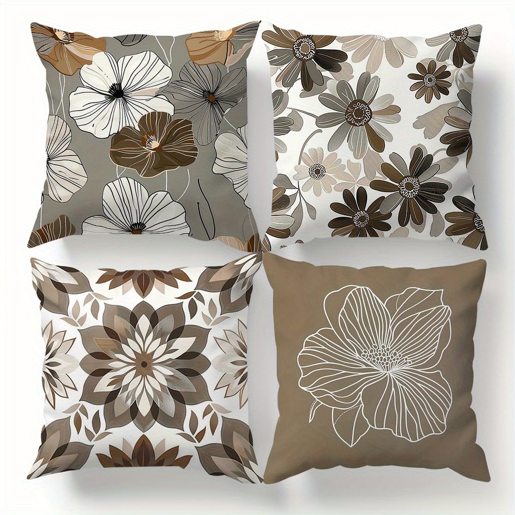 4-pack Geometric Floral Pattern Throw Pillow Covers, 45x45cm, Velvet, Woven, Contemporary Style, Machine Washable, Zipper Closure – Polyester 100% Decorative Pillows Shop Online at Dubai Trades 2