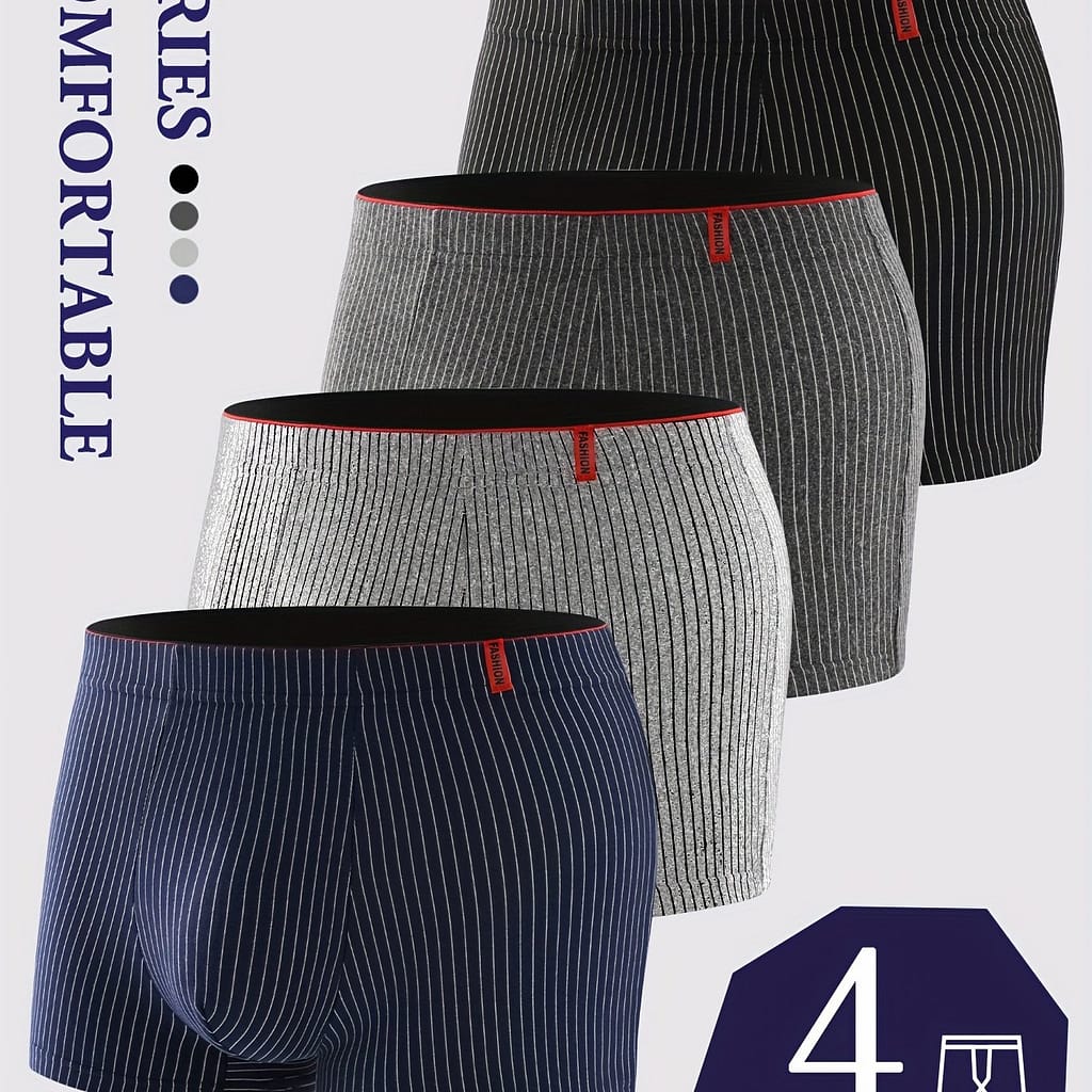 4-pack Men’s Striped Boxer Briefs, High Stretch Polyester-spandex , Knit Fabric Shortie Panties With Elastane, Casual Adult Athletic Underwear Boxer Briefs Shop Online at Dubai Trades 2
