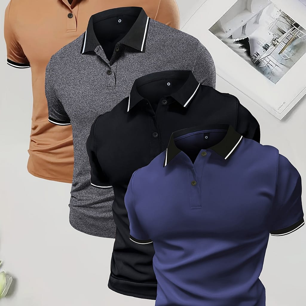 4-pack Men’s Summer Shirts, Solid Color Short Sleeve, Regular Fit, Knit Fabric, Polyester 95%, Elastane 5%, Lapel Collar, Button Detail, Slight Stretch, Casual Sportswear Tops Clothing Shop Online at Dubai Trades 2