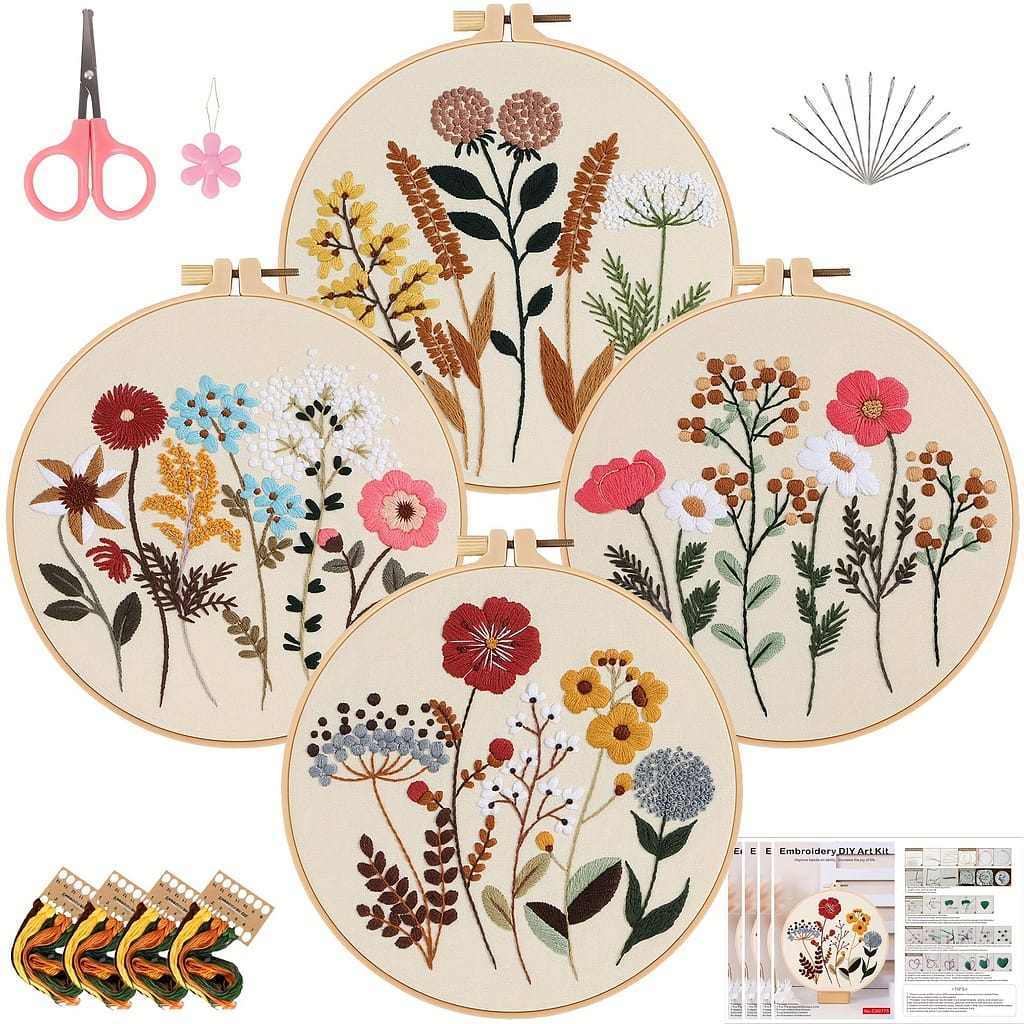 4pcs Embroidery Kit With Floral Pattern And Instructions Hoops Floss Threads Needles, 3 Pack Cross Stitch Kits Embroidery Starter Kit Hand Embroidery Kit For Beginners Arts, Crafts & Sewing Shop Online at Dubai Trades 2