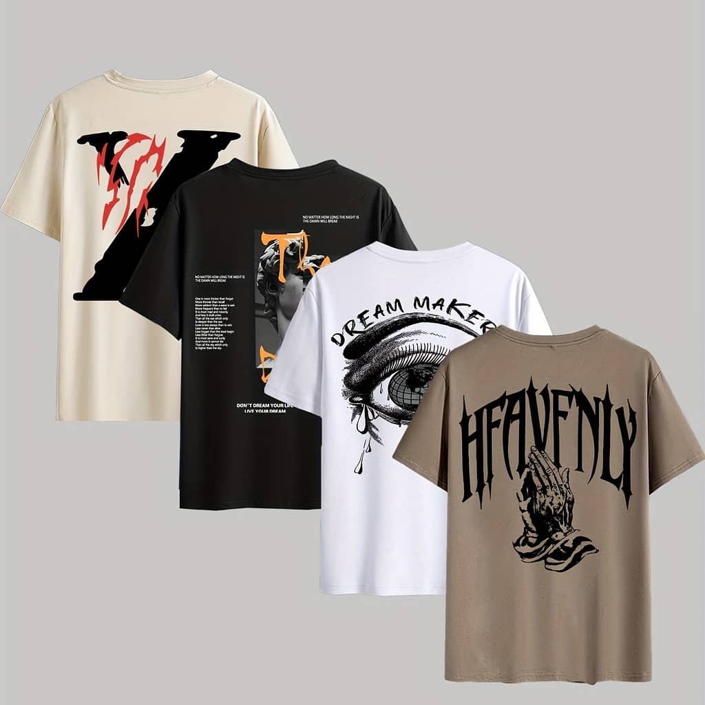 4pcs Men’s Graphic Tees – “” & More Designs, Casual Crew Neck Short Sleeve T-shirts In Beige, Black, White – Lightweight Polyester For Summer Outdoor Wear Clothing Shop Online at Dubai Trades 2