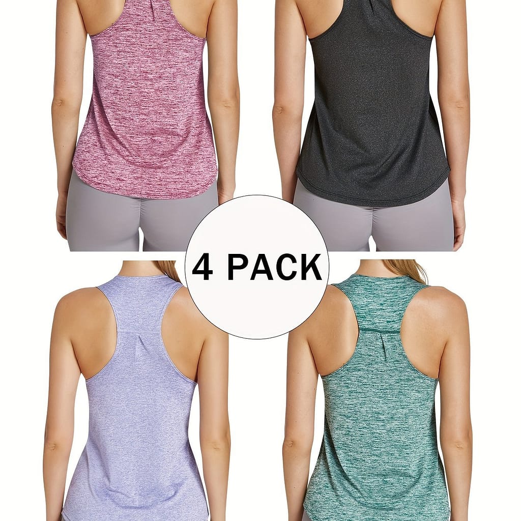 4pcs Solid Color Sleeveless Workout Tank Tops, Round Neck Athletic Quick Dry Yoga Racerback Tanks, Women’s Activewear Active Shirts & Tees Shop Online at Dubai Trades 2