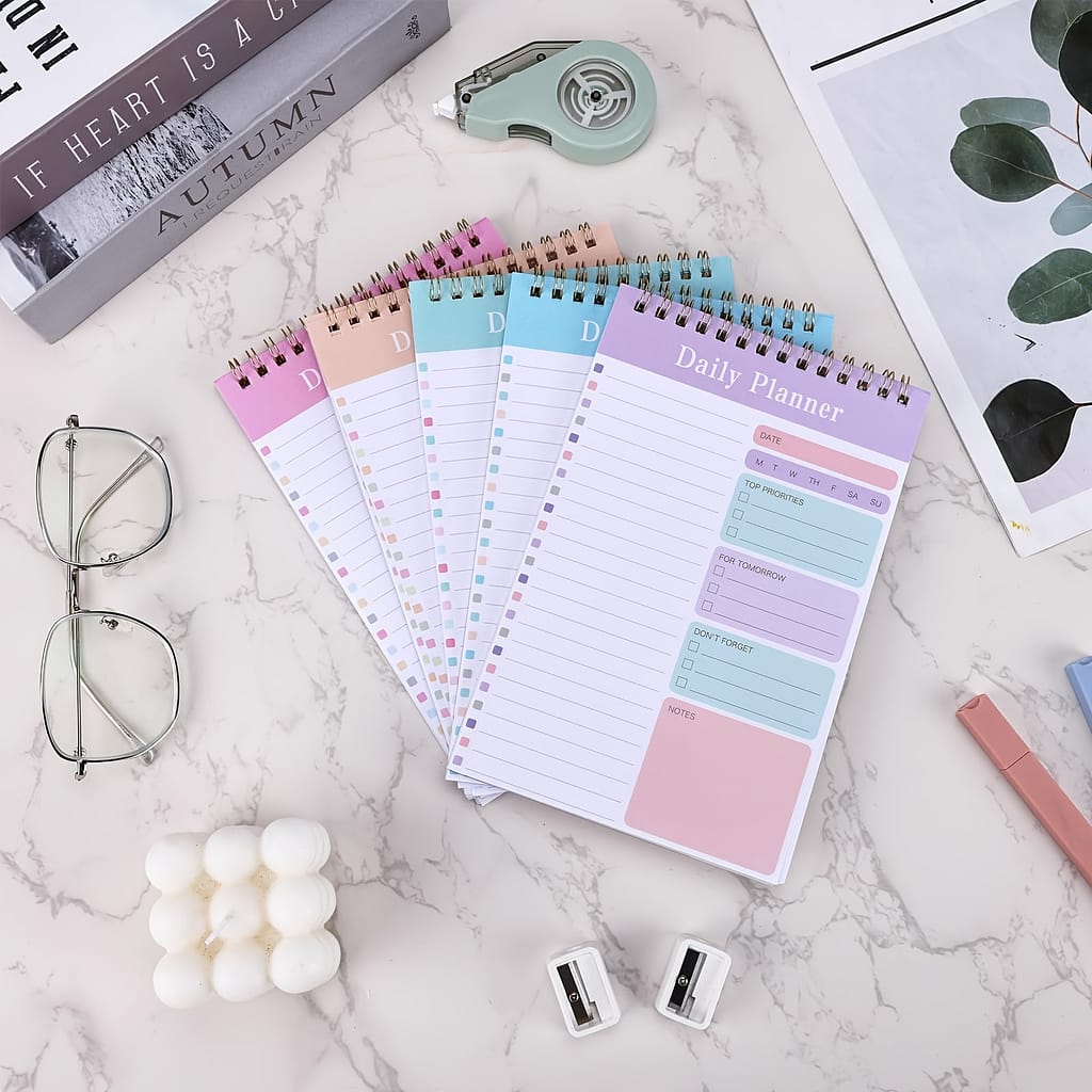 5 Pack Daily Planner Spiral Notebook – A5 Size With Clear Cover, Double Coil Binding, List Notepad , Top , Schedule, Notes Section For Office, Workout, Academic Planning Notebooks & Writing Pads Shop Online at Dubai Trades 2
