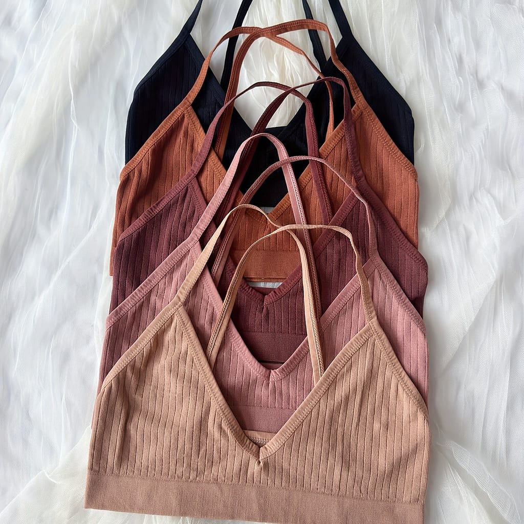 5pcs Seamless Ribbed Wireless Strap Back Triangle Cup Bras For Women, Sexy Solid Color Knit Fabric, Medium Support, Polyamide 90%, Elastane 10% Bras Shop Online at Dubai Trades 2