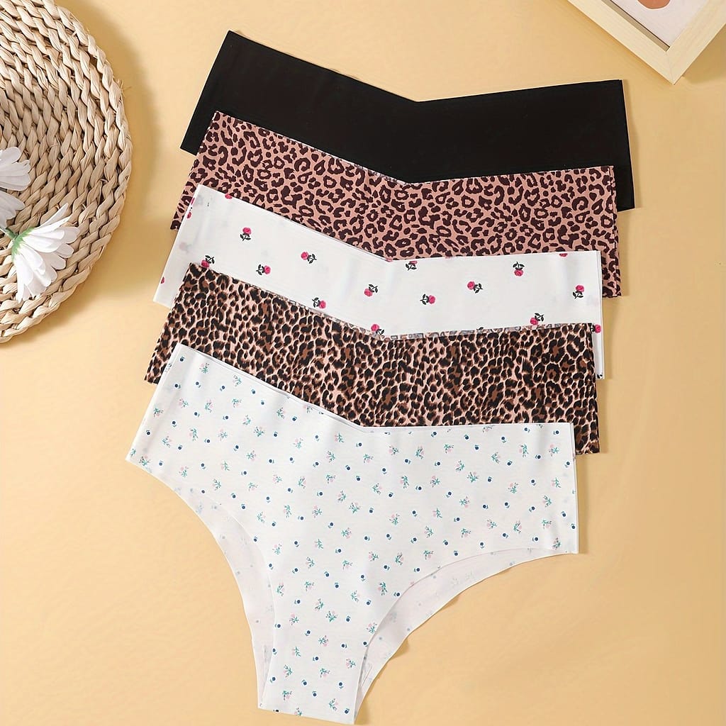 5pcs Seamless Women’s Briefs – Sexy, Breathable & Comfortable Nylon/elastane Panties With Unique Leopard, Ditsy Floral & Polka , Mid-rise, Smooth For Casual Attire, Cute Underwear Bikinis Shop Online at Dubai Trades 2