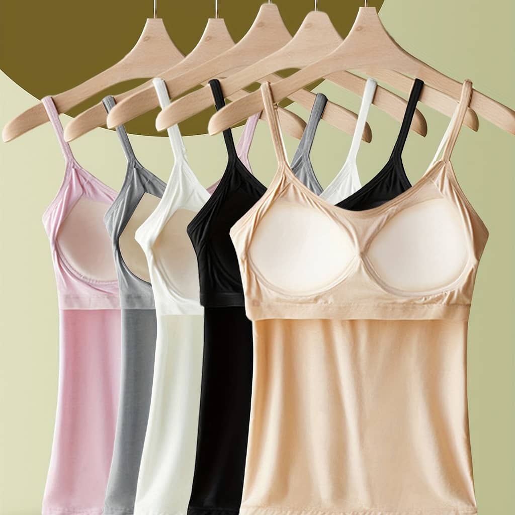 5pcs Seamless Women’s Cami Tops With Built-in Bra Pads – Casual, Stretchy Viscose Blend, Non-see-through, Knit Fabric – Comfortable & Breathable For Casual Attire Camisoles & Tanks Shop Online at Dubai Trades 2