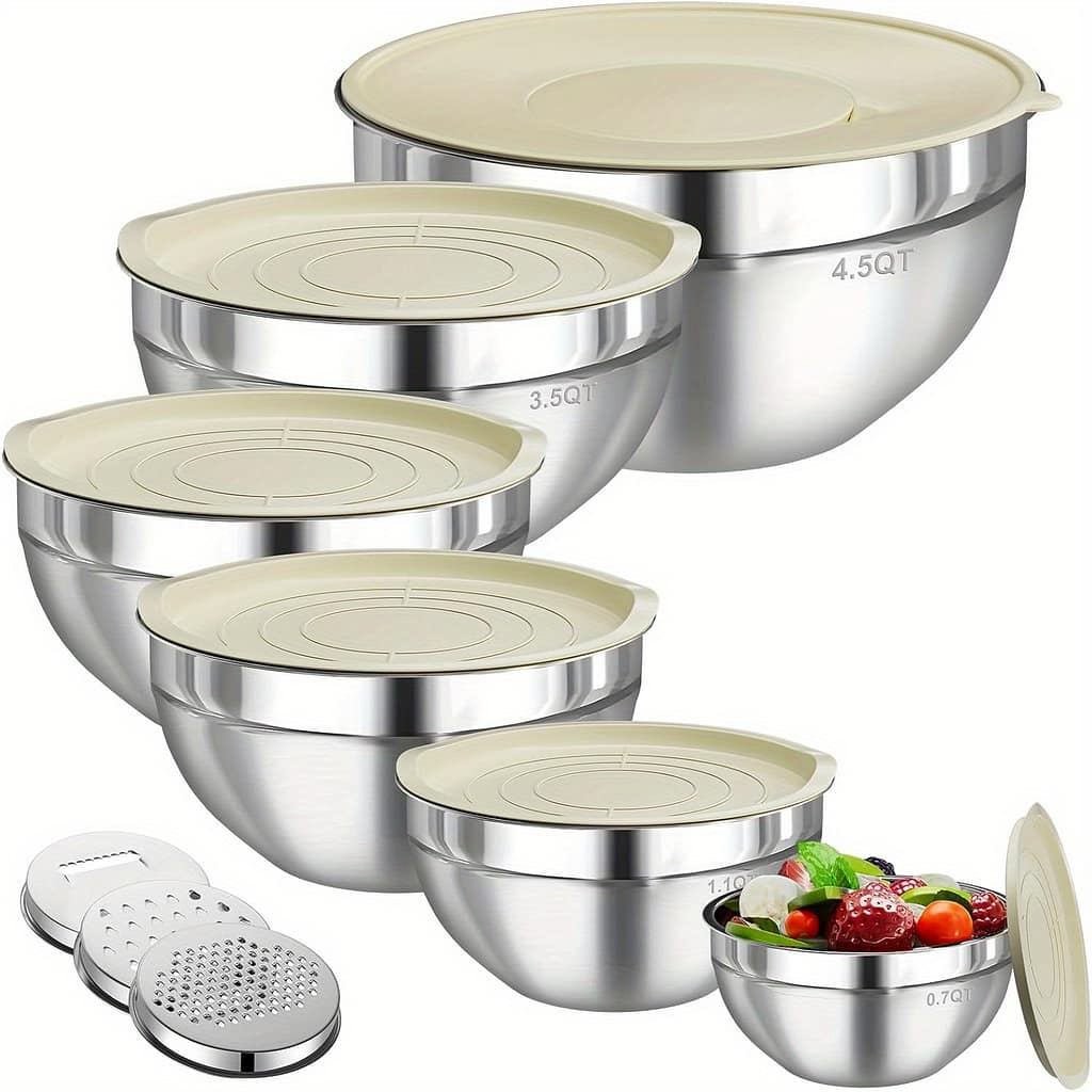 6-piece Stainless Steel Mixing Bowls With 3 Grater Attachments – Kitchen Food Storage Organizers Nesting Mixing Bowl Set, Large Size 4.5, 3.5, 2.1, 1.5, 1.1, 0.7qt – Anti-rust Bakeware Shop Online at Dubai Trades 2