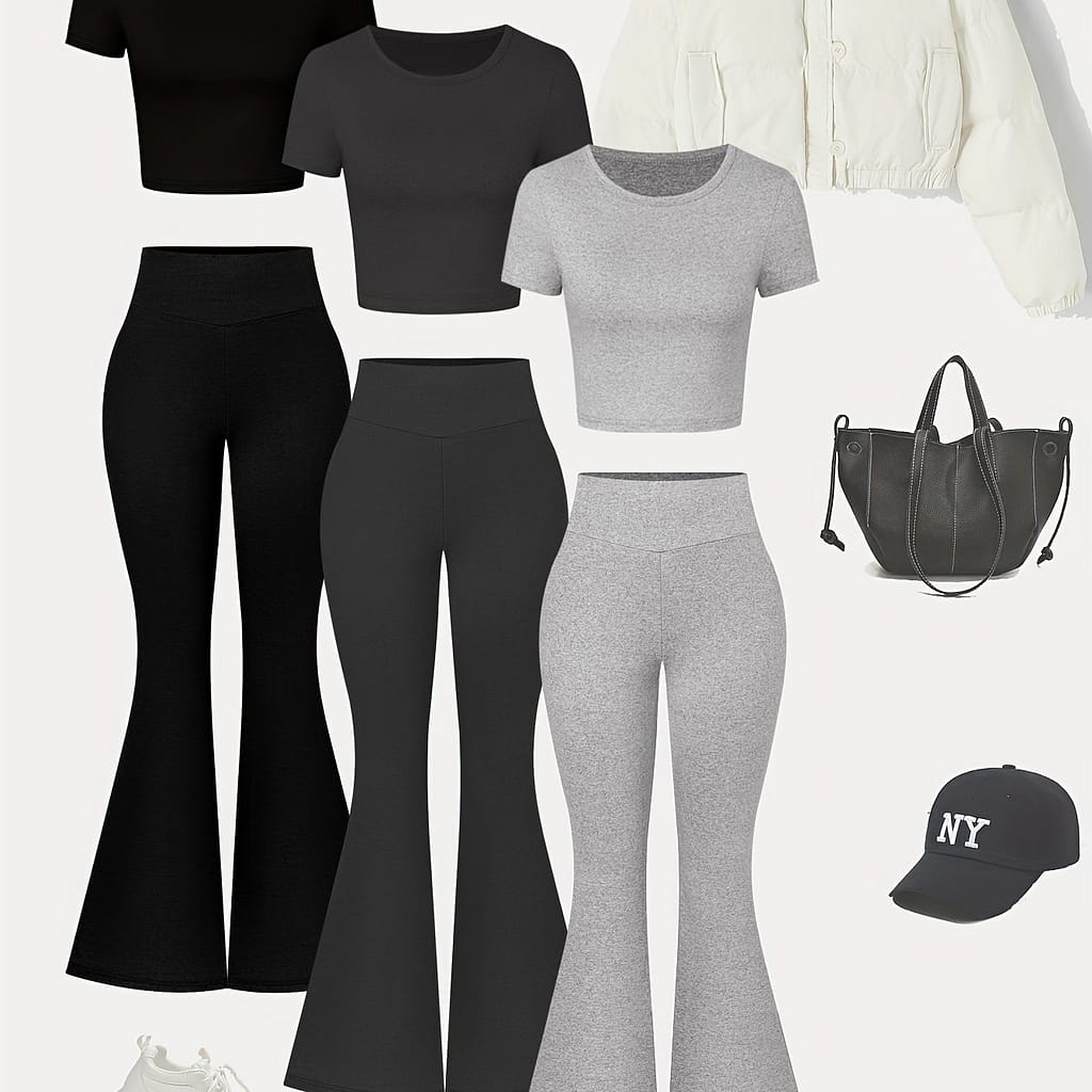 6pcs Spring Summer Women Casual Slim-fit Comfortable Round Neck Short-sleeved T-shirt Flare Pants Lycra Solid Clothes Pants Suit Clothing Shop Online at Dubai Trades 2