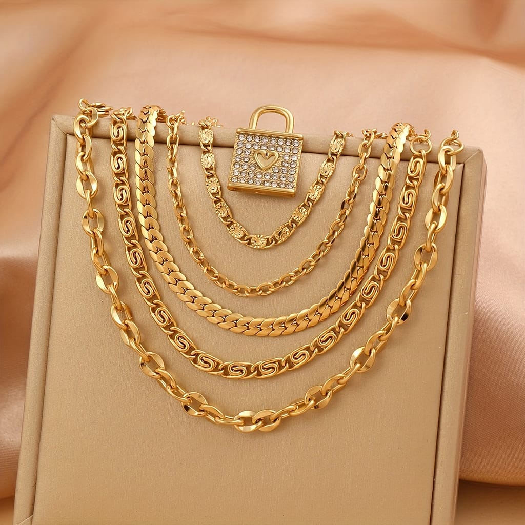 6pcs Vintage Style 18k Golden Plated Stainless Steel Bracelet Set With Rhinestone Pendant, Fashionable , Women’s Personalized For Daily & Party , Valentine’s Day Gift, Wear Bracelets Shop Online at Dubai Trades 2