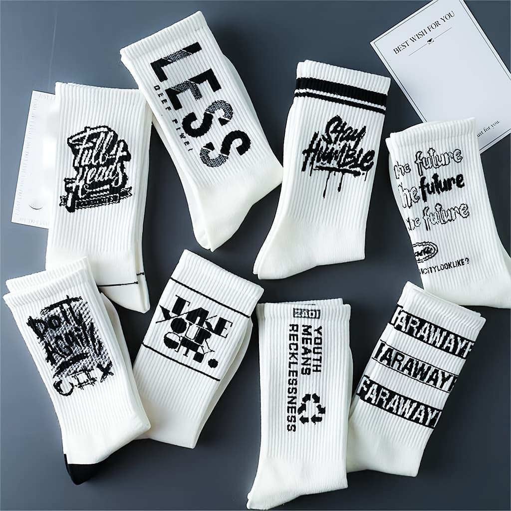 8pcs Men’s Mid-calf Athletic Socks – Breathable, Moisture-wicking Polyester & Spandex For Basketball & Sports, Trendy Geometric Pattern Clothing Shop Online at Dubai Trades 2