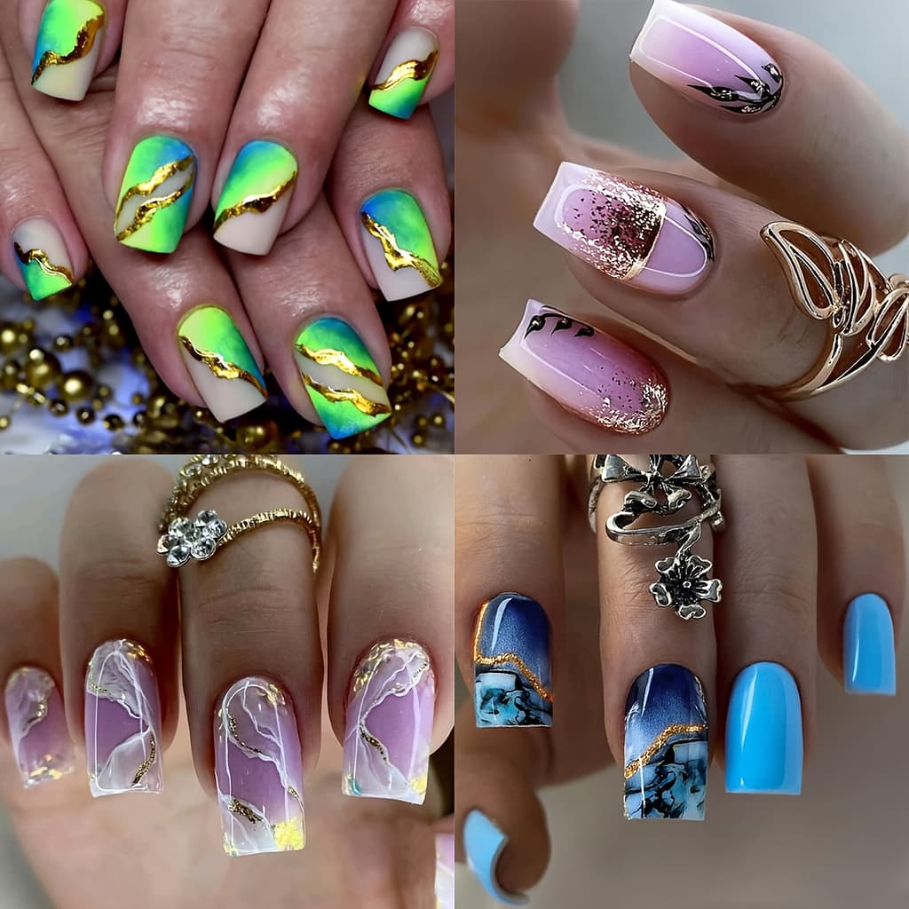 96pcs Summer Gradient Marble Short Square Press-on Nail Stickers With Matte And Mixed Beauty & Personal Care Shop Online at Dubai Trades 2