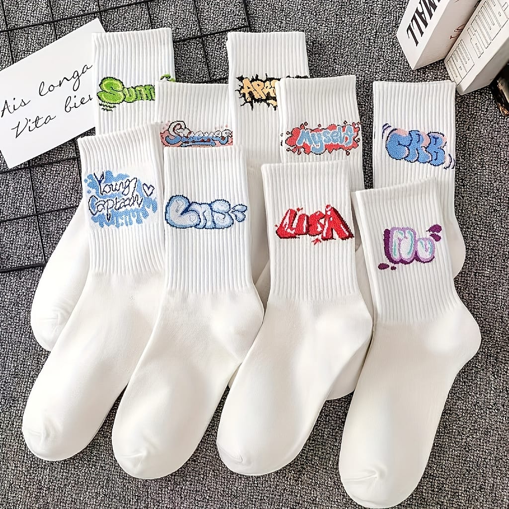 9pcs Men’ Crew Socks – Breathable Polyester, Graffiti Letter Design, Outdoor Activities & Gifts Clothing Shop Online at Dubai Trades 2