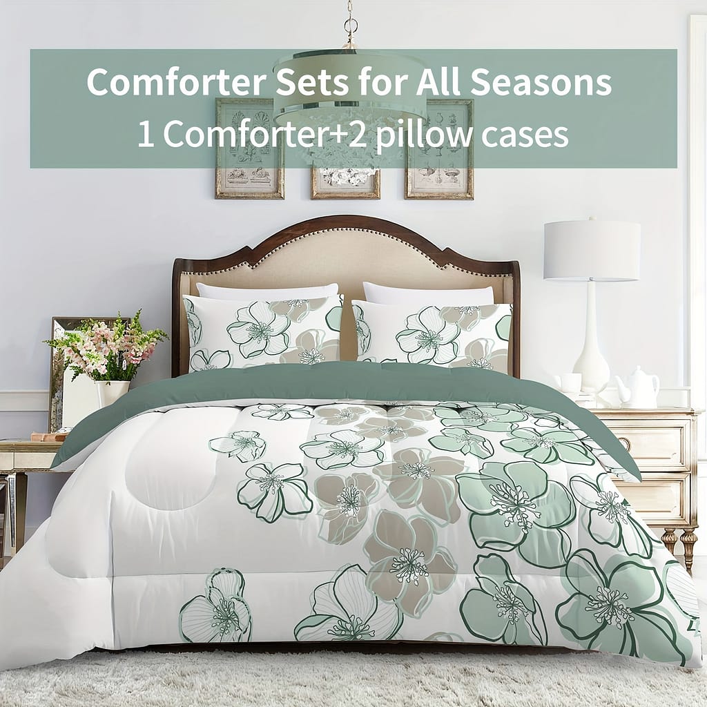 A Large Comforter Set, Consisting Of 3pcs Of Bedding (1 Printed Quilt And 2 Pillowcases), Featuring A White Floral Print, Made Of Lightweight Ultra- Filling Suitable For . Bedding Shop Online at Dubai Trades 2
