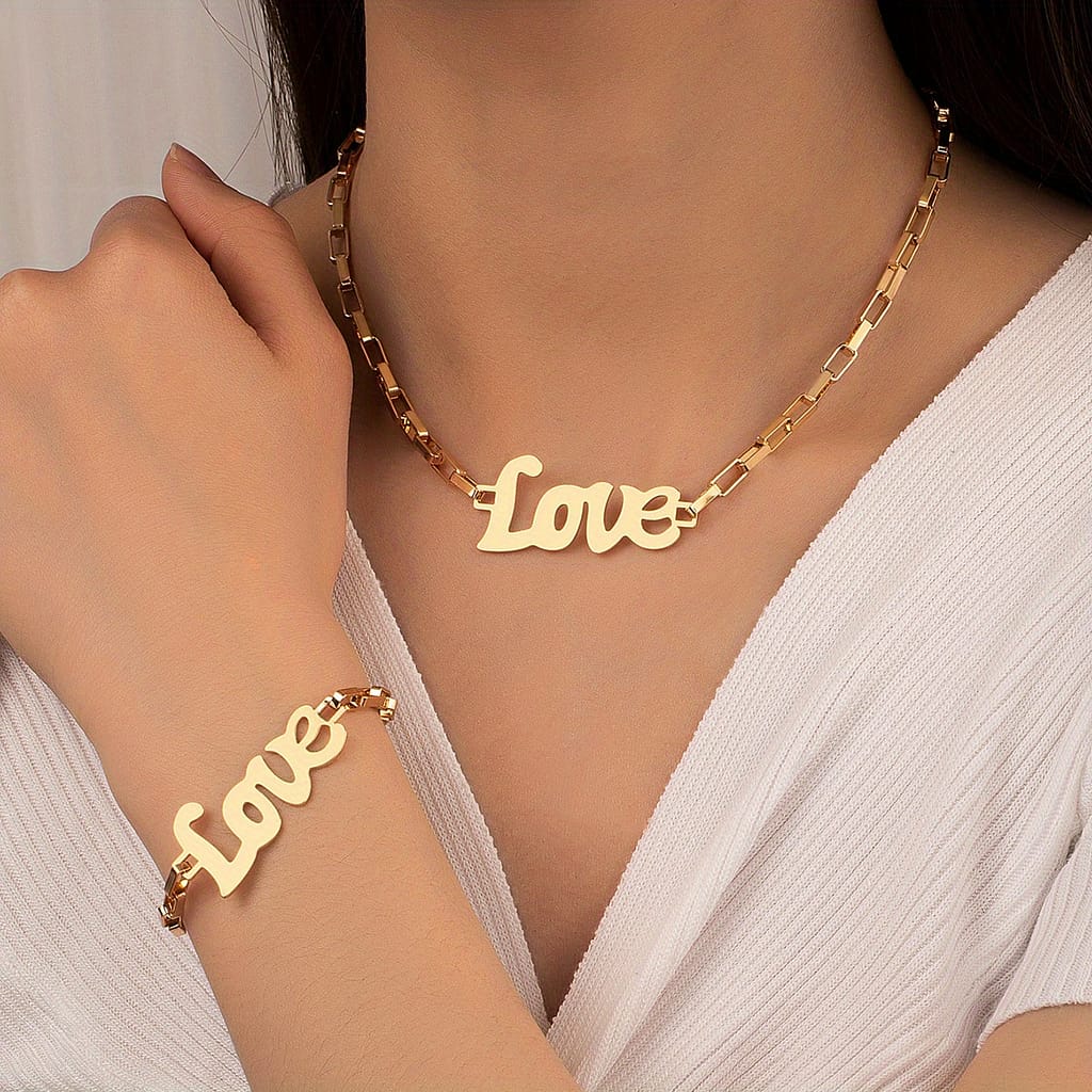 A New Hollow English Love Metal Pendant Bracelet And A Necklace Minimalist Cold And Personality Creative Golden Jewelry Set Clothing, Shoes & Jewelry Shop Online at Dubai Trades 2