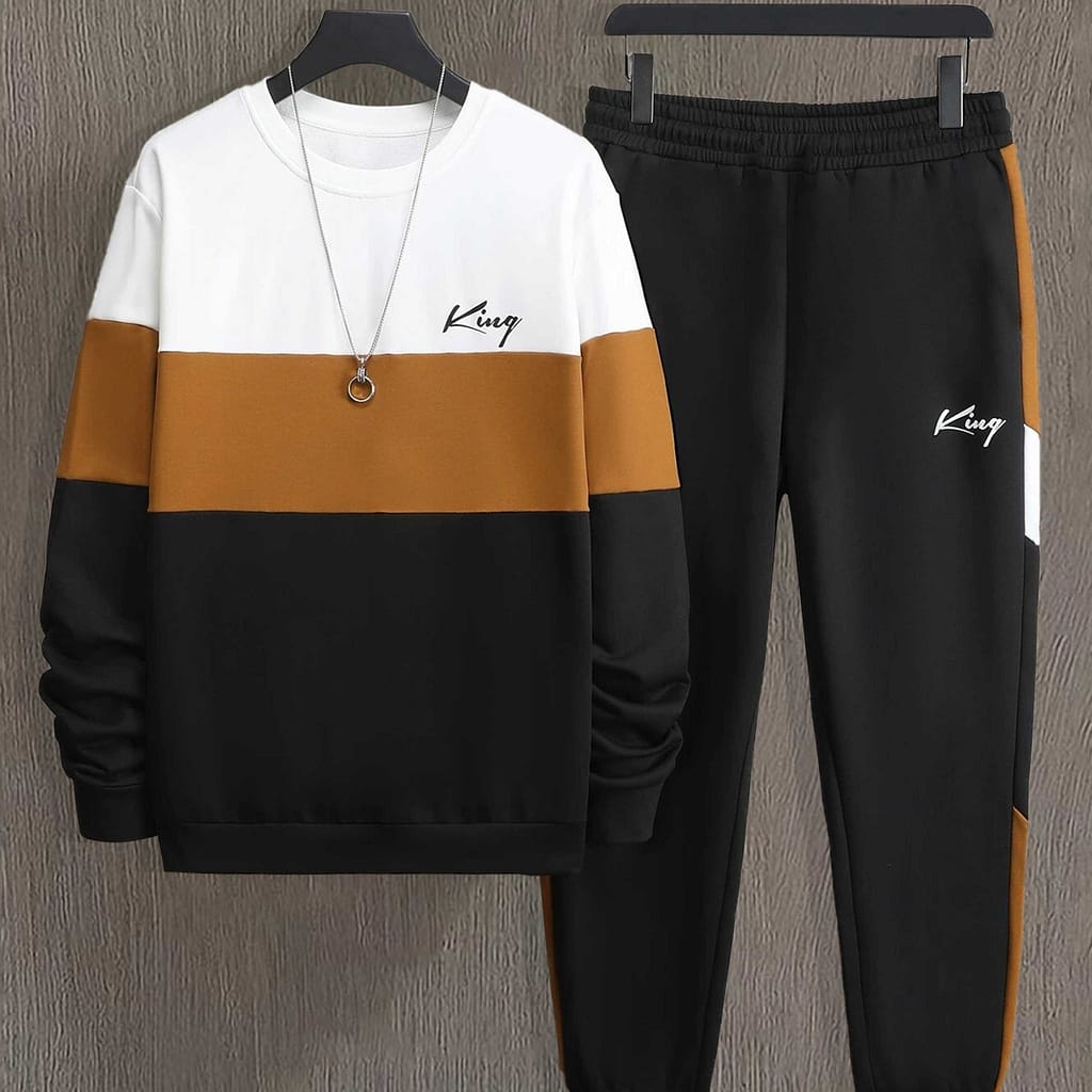 A Set Of Men’s Color- Sportswear For Spring And Autumn, Featuring A Casual Print Long-sleeve Crew Neck Sweatshirt And Drawstring Jogger Pants. Clothing Shop Online at Dubai Trades 2