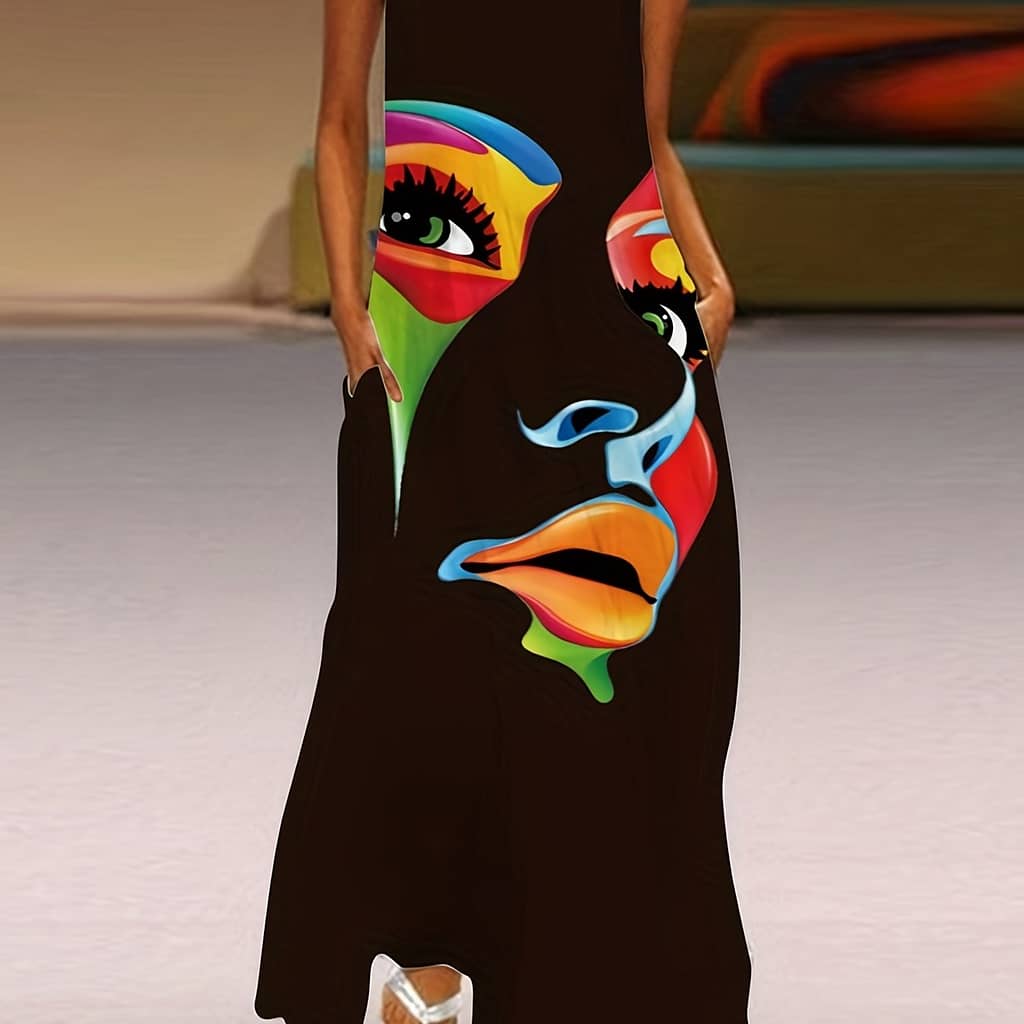 Abstract Face Print Maxi Dress, Notched Neck Sleeveless Casual Dress For Summer & Spring, Women’s Clothing Clothing Shop Online at Dubai Trades 2