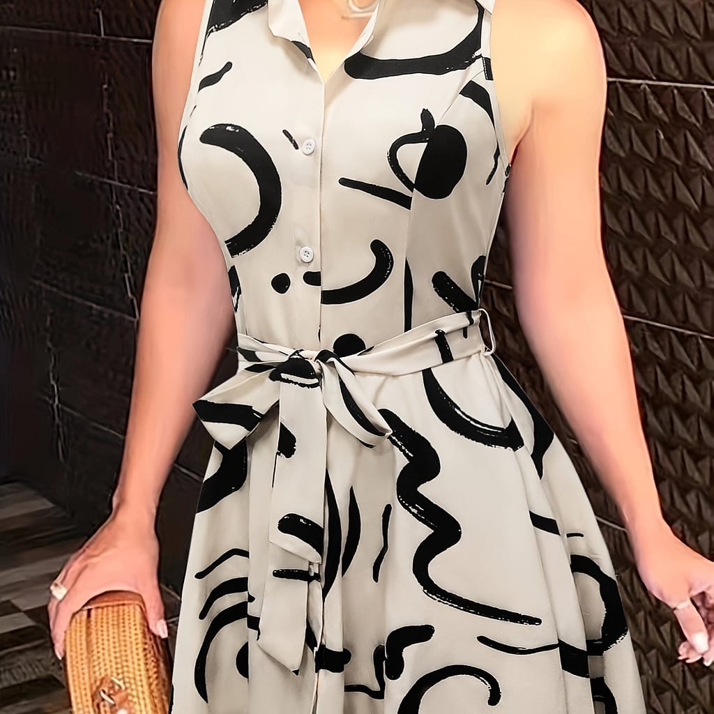 Abstract Print Button Front Sleeveless Dress, Casual Tie-waist Lapel Dress For , Women’s Clothing Clothing Shop Online at Dubai Trades 2