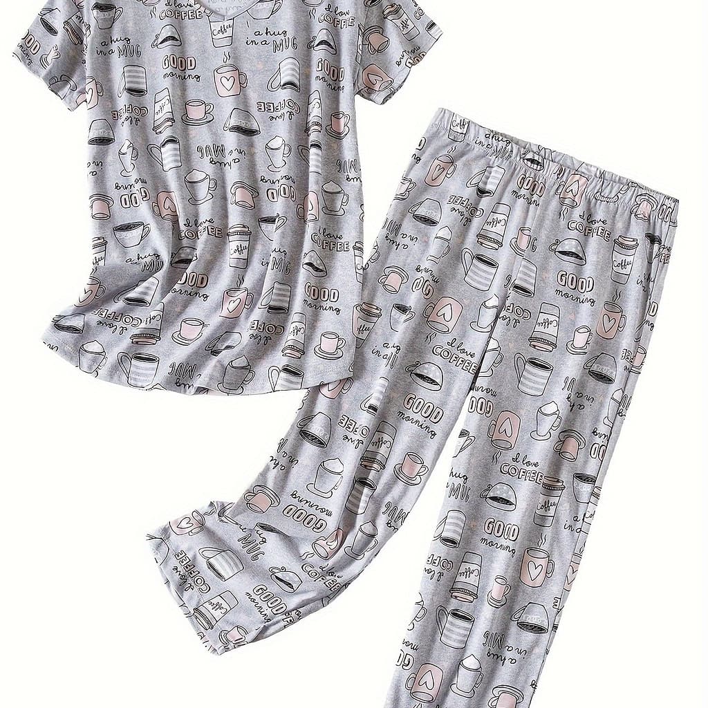 Allover Pajama Set, Casual Short Sleeve Round Neck Top & Pants, Women’s Sleepwear Clothing Shop Online at Dubai Trades 2