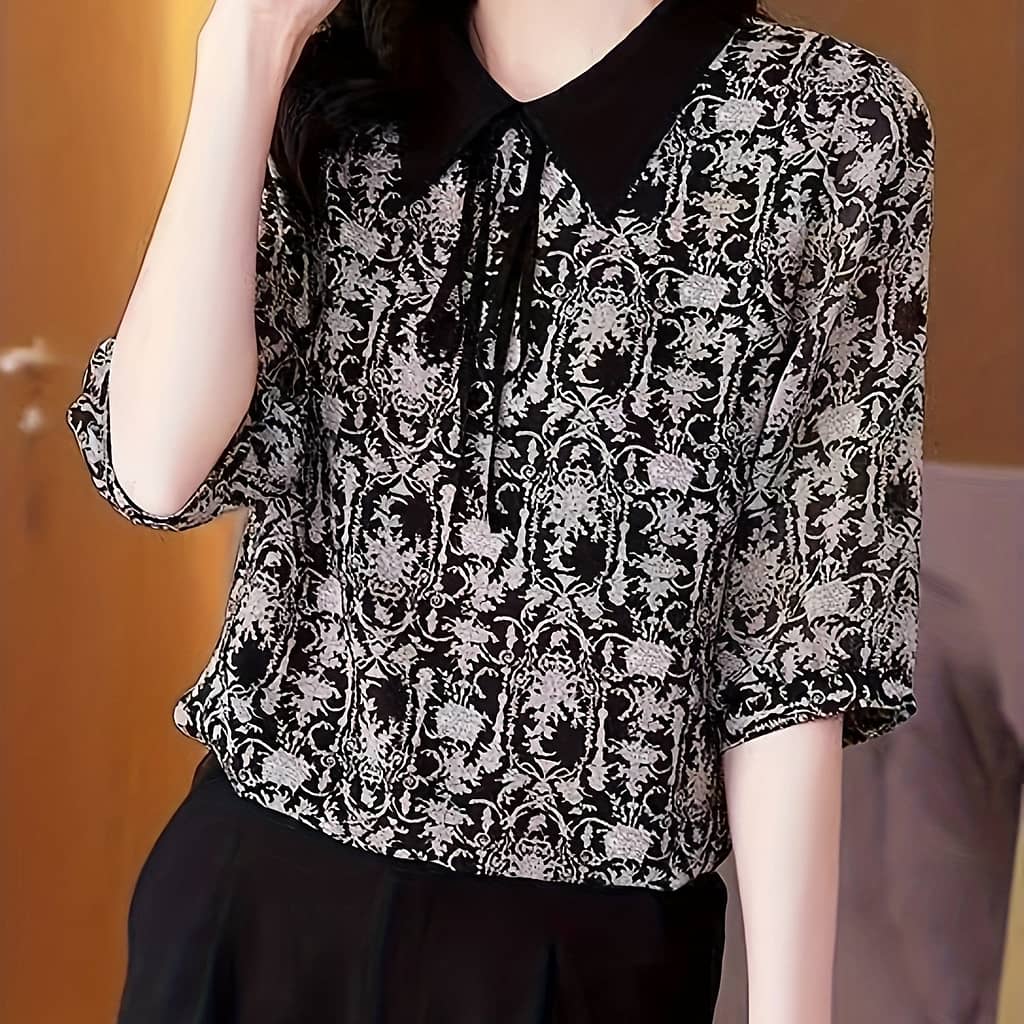 Allover Print Lapel Neck Blouse, Casual Half Sleeve Blouse For , Women’s Clothing Blouses Shop Online at Dubai Trades 2