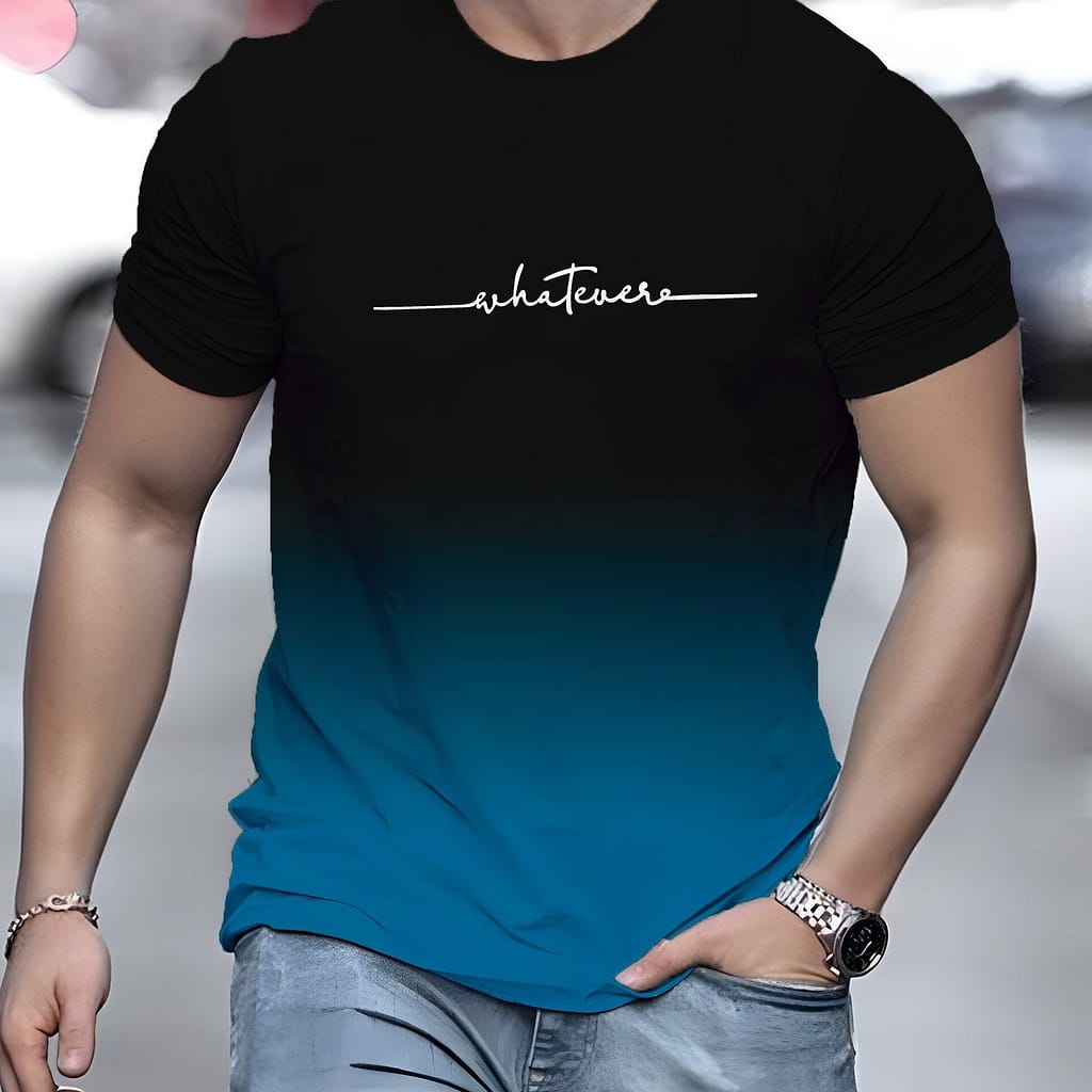 Alphabet Print Gradient Crew Neck Short Sleeve T-shirt For Men, Casual Summer T-shirt For And Vacation Resorts Clothing Shop Online at Dubai Trades 2