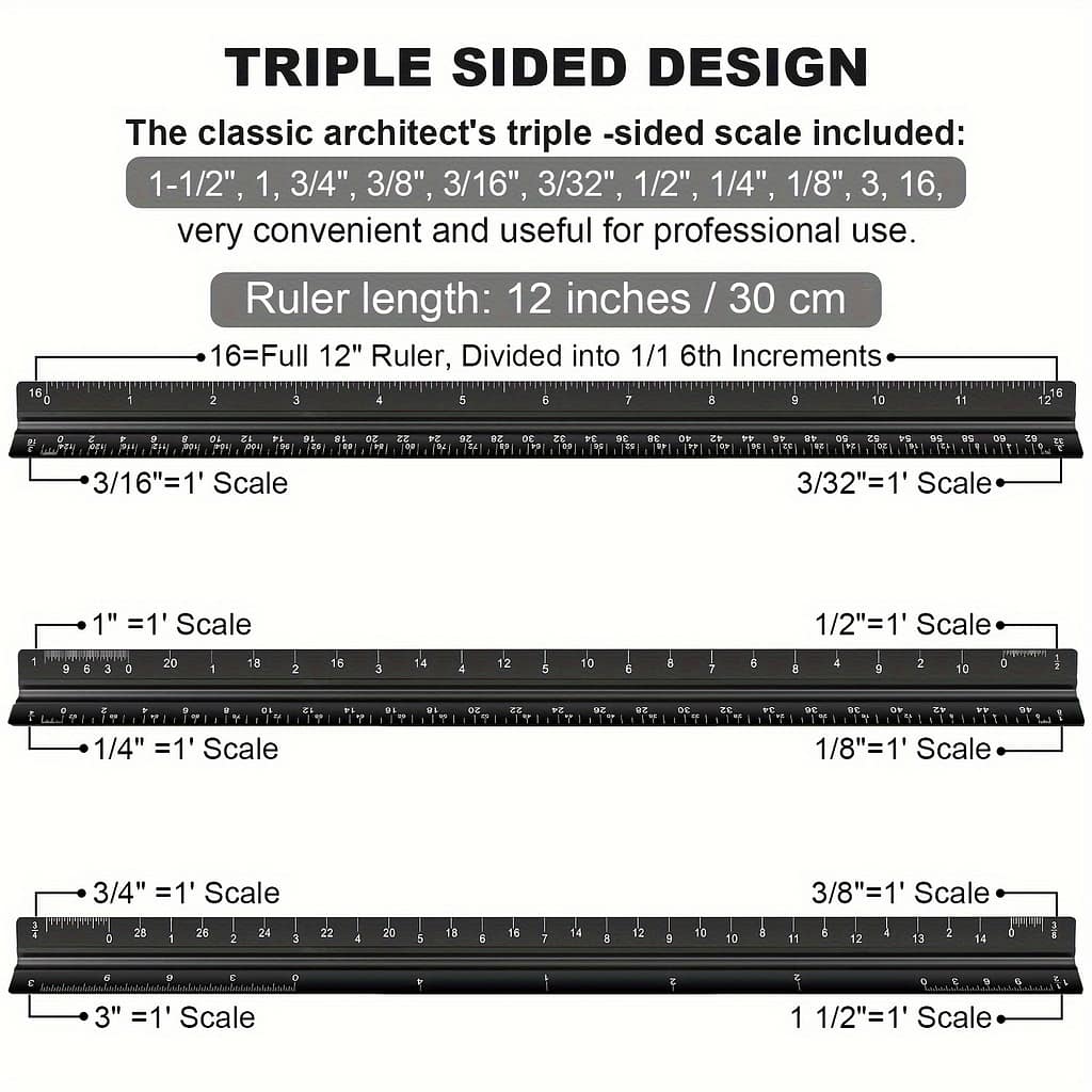 Architectural Scale Ruler For , 12” Metric Metal Engineers Triangle Drafting Ruler With Imperial Measurements For Engineering, Artists, Drawing, Laser- Education & Crafts Shop Online at Dubai Trades 2