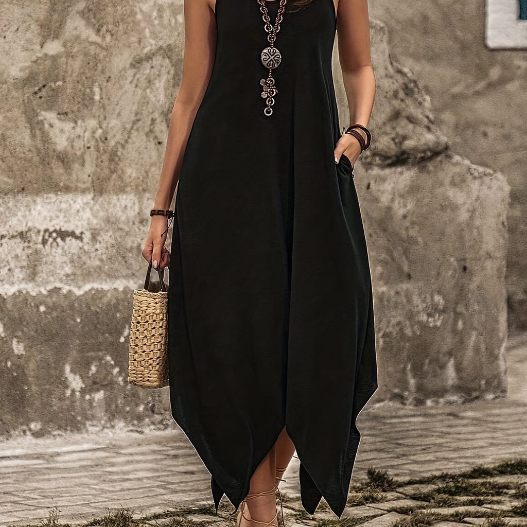 Asymmetrical Hem Spaghetti Strap Dress, Casual Solid Color Sleeveless Dress For Summer, Women’s Clothing Clothing Shop Online at Dubai Trades 2